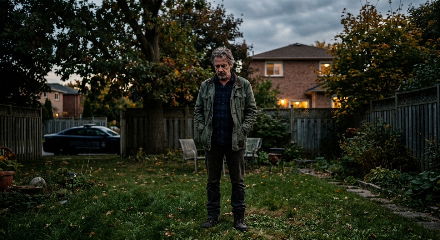 AI 생성 이미지 (models/gemini-3.1-flash-image-preview): A solitary middle-aged man standing in a quiet suburban backyard, looking down thoughtfully, with a ...