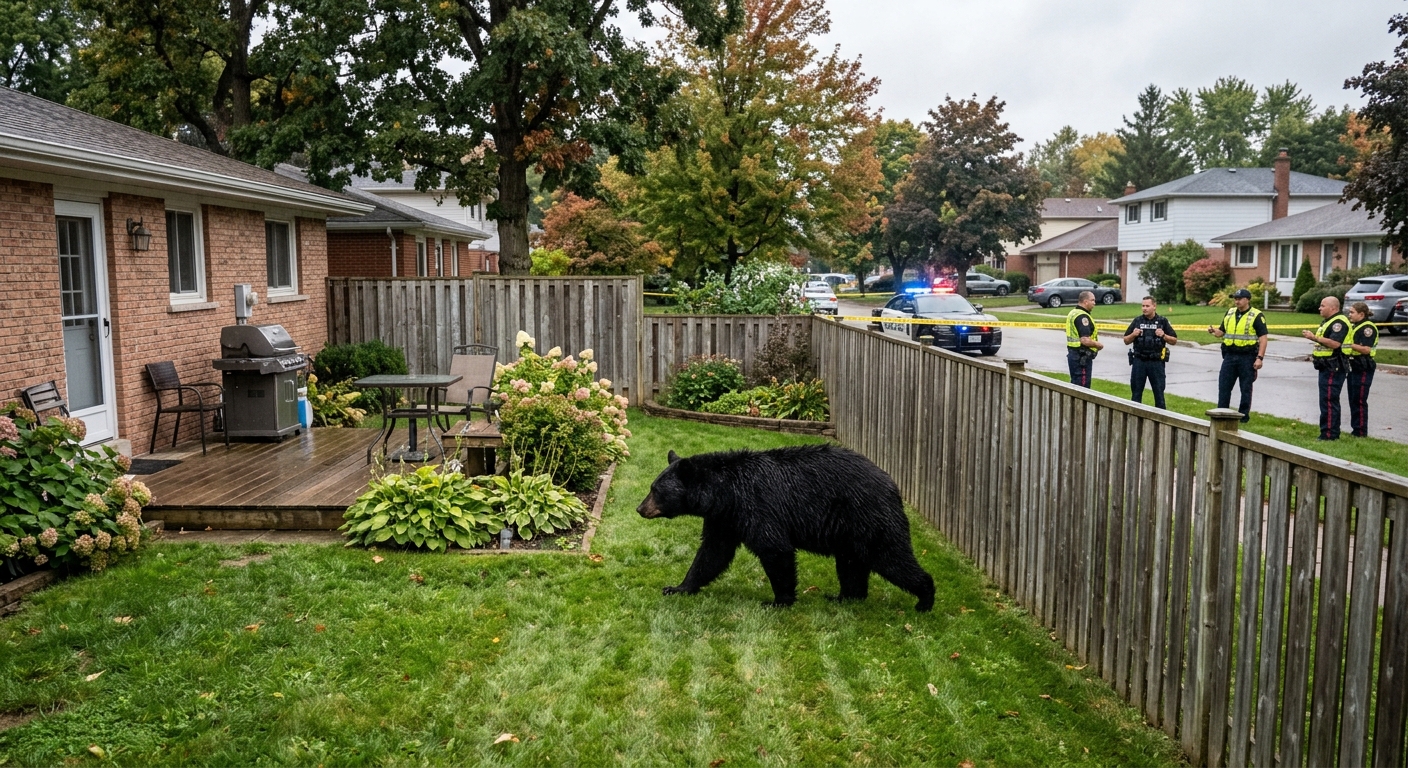 AI 생성 이미지 (models/gemini-3.1-flash-image-preview): A large black bear wandering through a suburban backyard, police officers in the distance securing t...