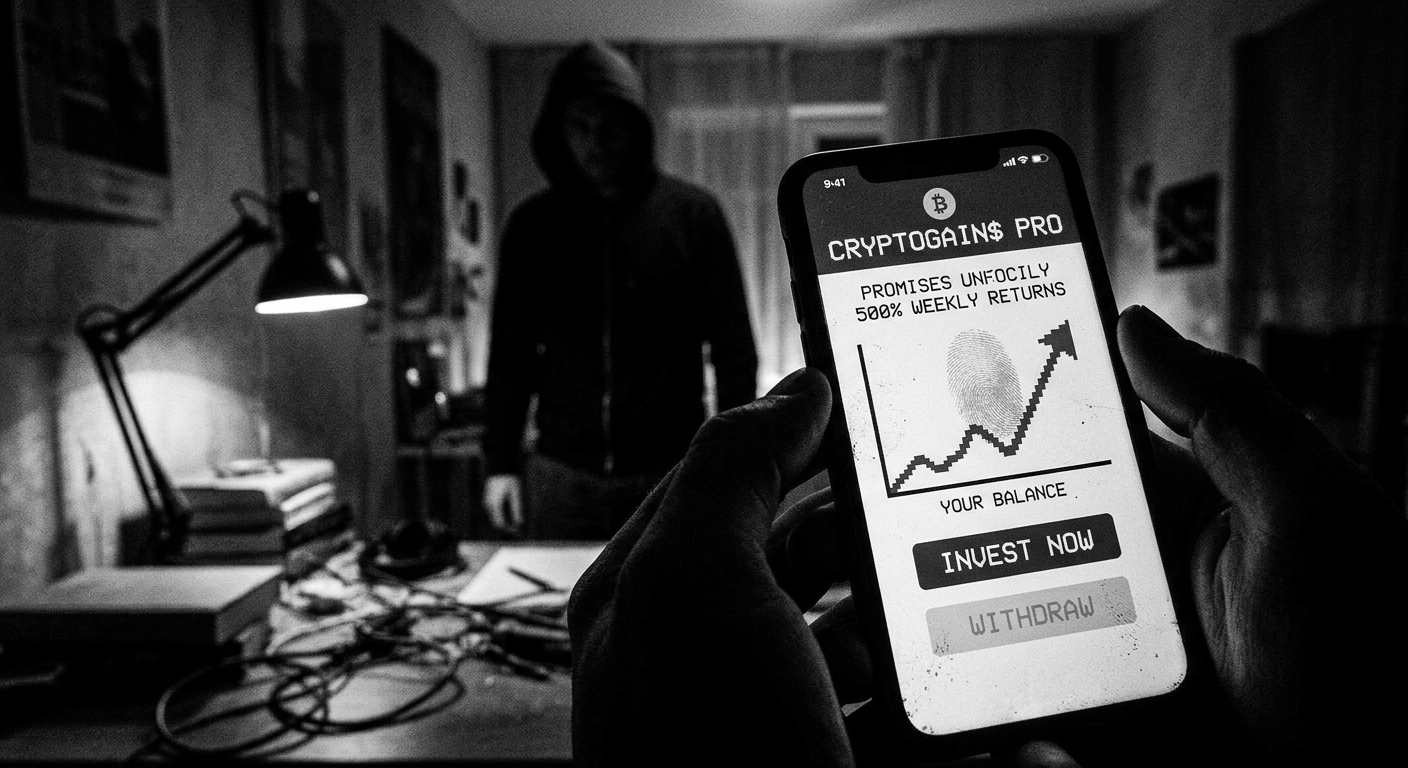 AI 생성 이미지 (models/gemini-3.1-flash-image-preview): A conceptual image of a smartphone displaying a fake cryptocurrency investment app, with a shadowy f...