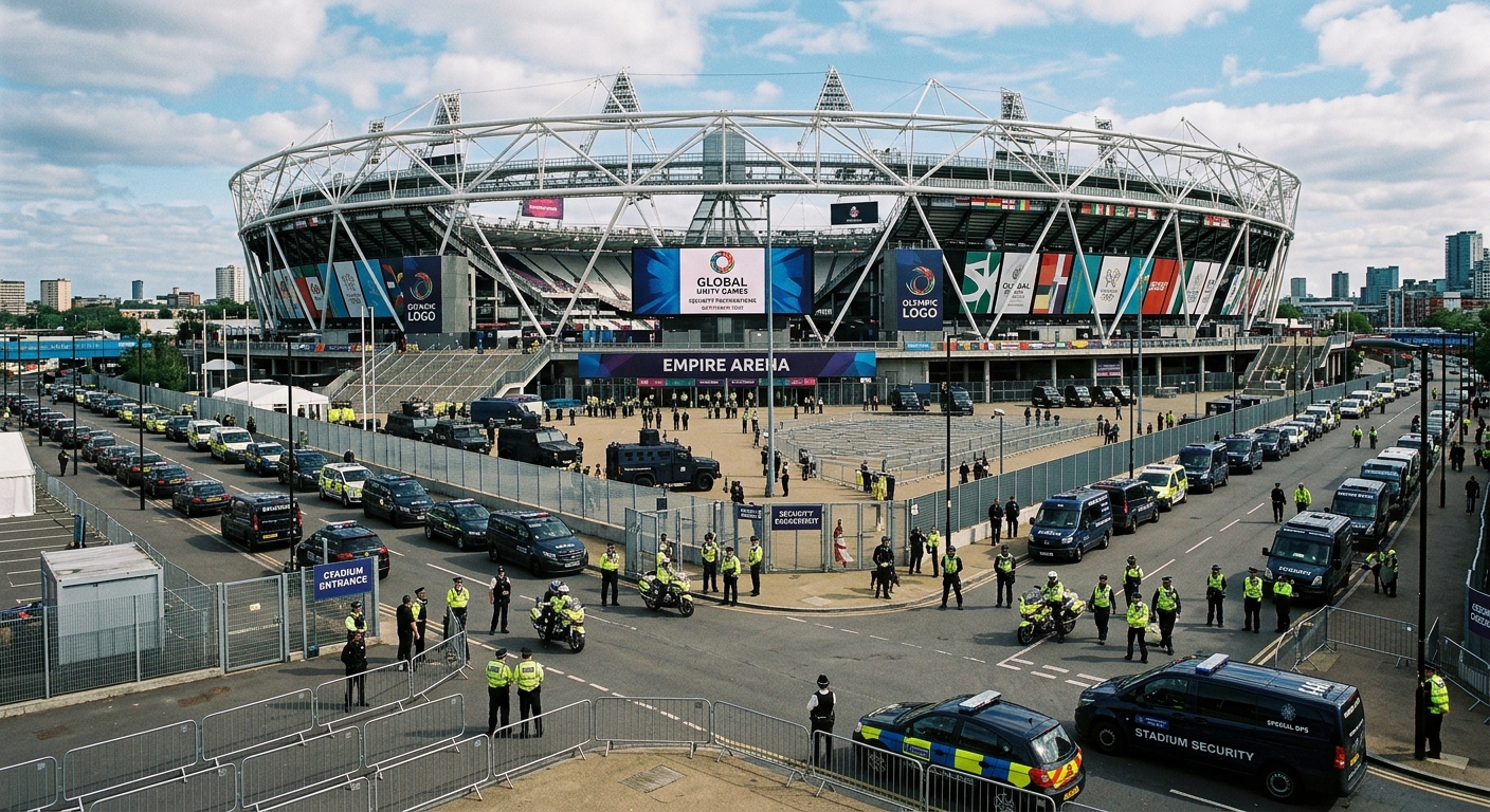 AI 생성 이미지 (models/gemini-3.1-flash-image-preview): A wide shot of a massive modern sports stadium surrounded by police vehicles and security personnel,...