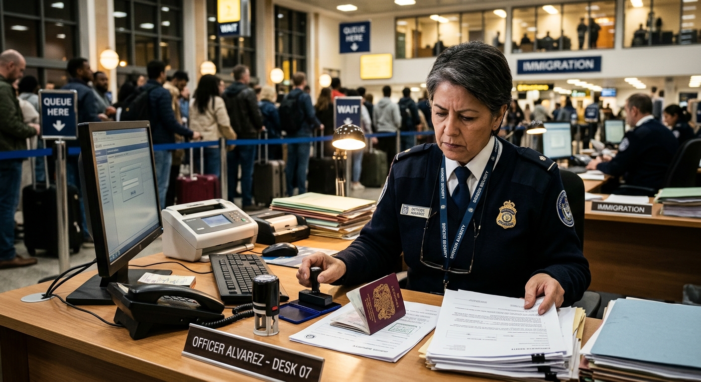 AI 생성 이미지 (models/gemini-3.1-flash-image-preview): A serious looking immigration officer reviewing documents at a desk, with a blurred background of pe...