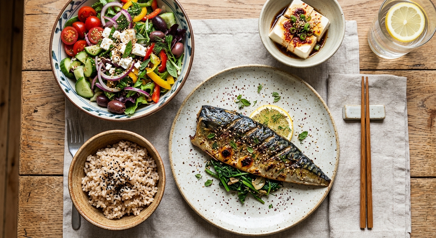 AI 생성 이미지 (models/gemini-3.1-flash-image-preview): A top-down view of a healthy fusion meal combining Mediterranean and Korean elements, featuring gril...