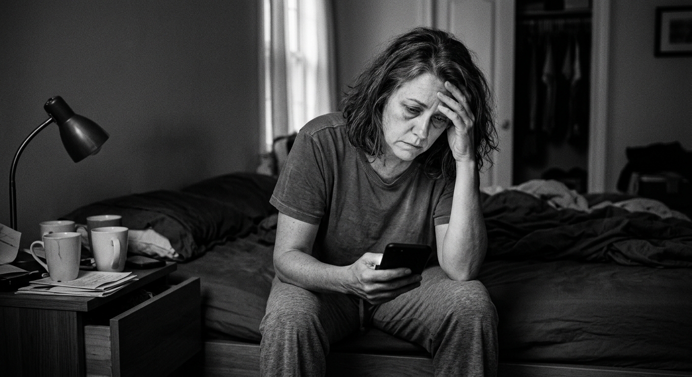 AI 생성 이미지 (models/gemini-3.1-flash-image-preview): A middle-aged person looking stressed and exhausted while sitting on the edge of a bed in a dark roo...
