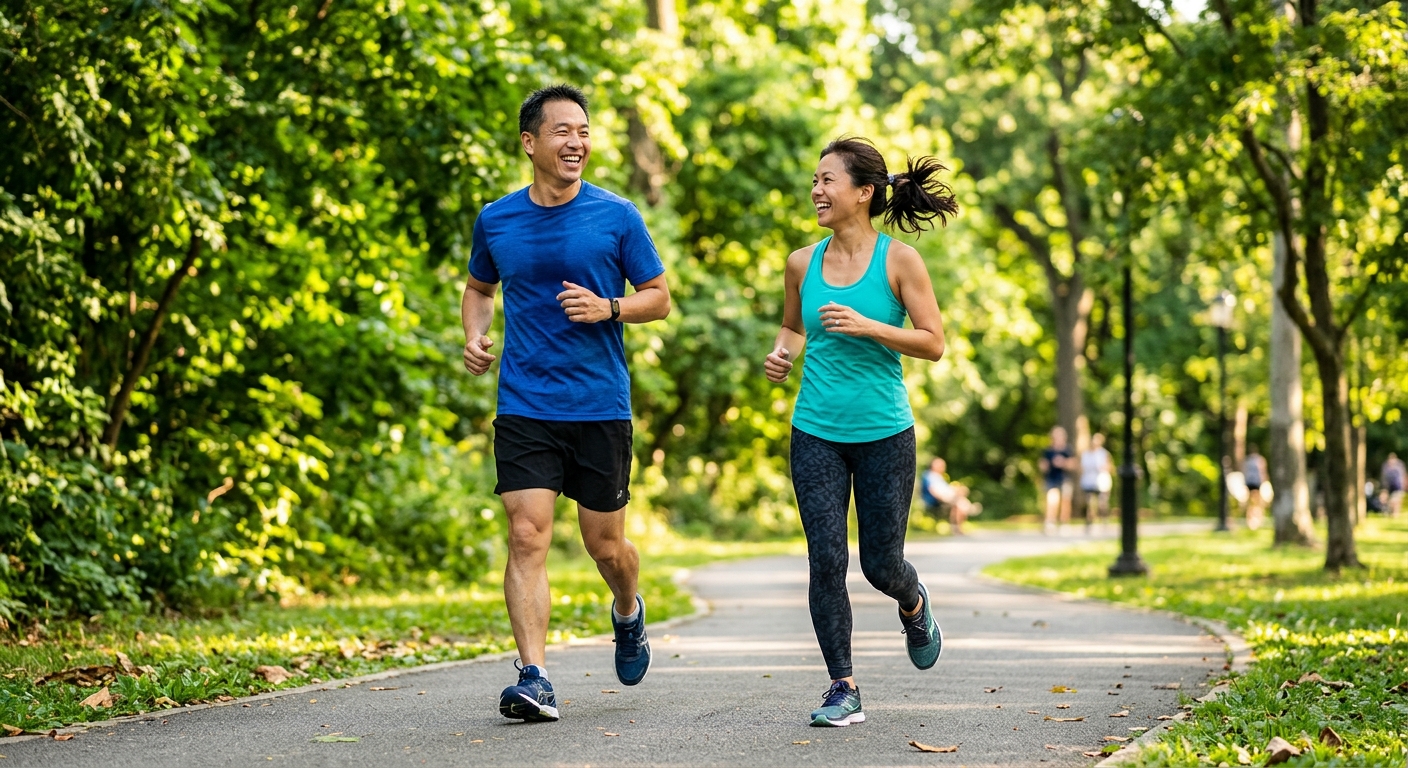 AI 생성 이미지 (models/gemini-3.1-flash-image-preview): A middle-aged Asian couple jogging happily in a sunny park, wearing comfortable athletic wear, vibra...