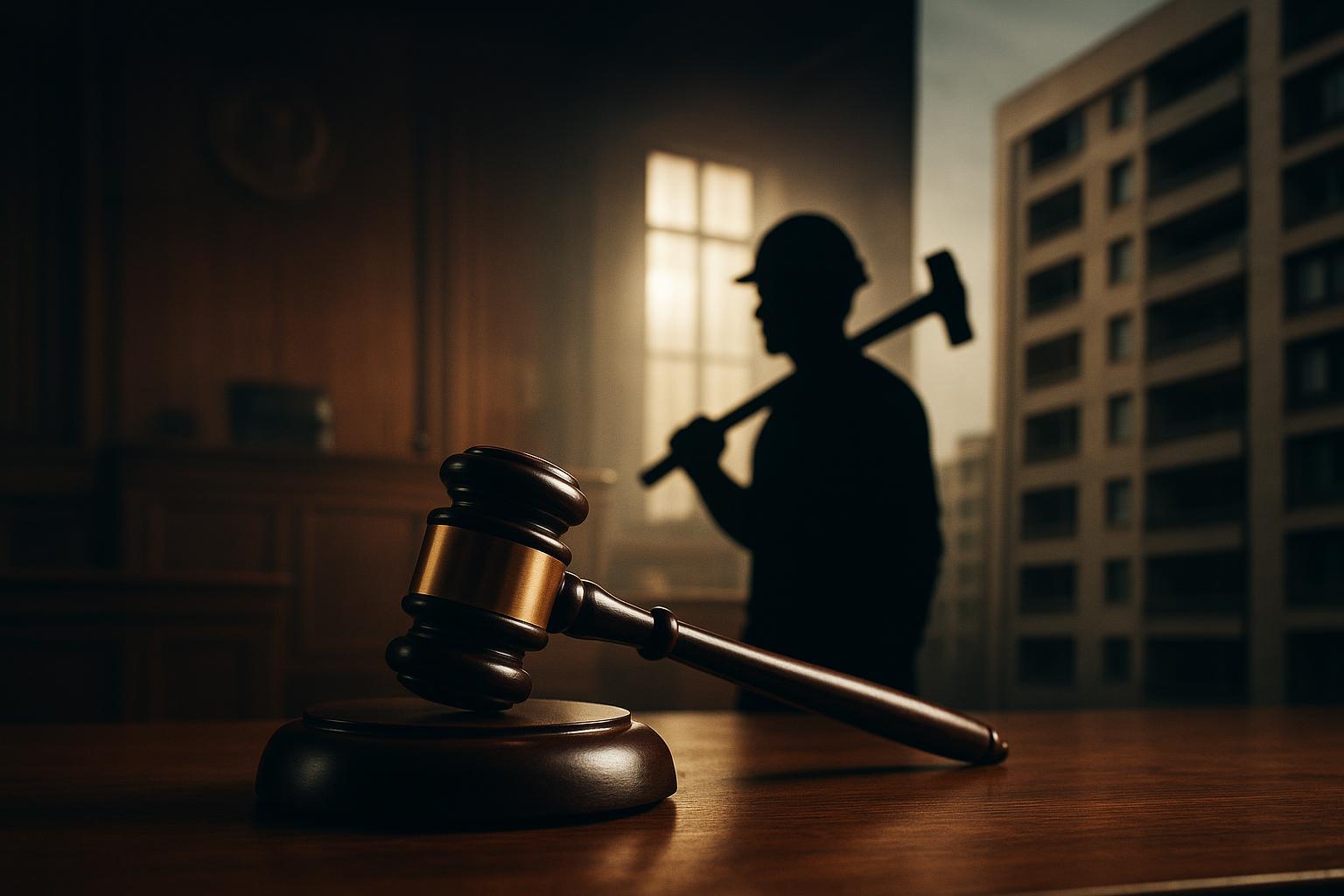 AI 생성 이미지 (gpt-image-1-mini): gavel and courtroom scene, construction worker silhouette, apartment building exterior, newspaper ed...