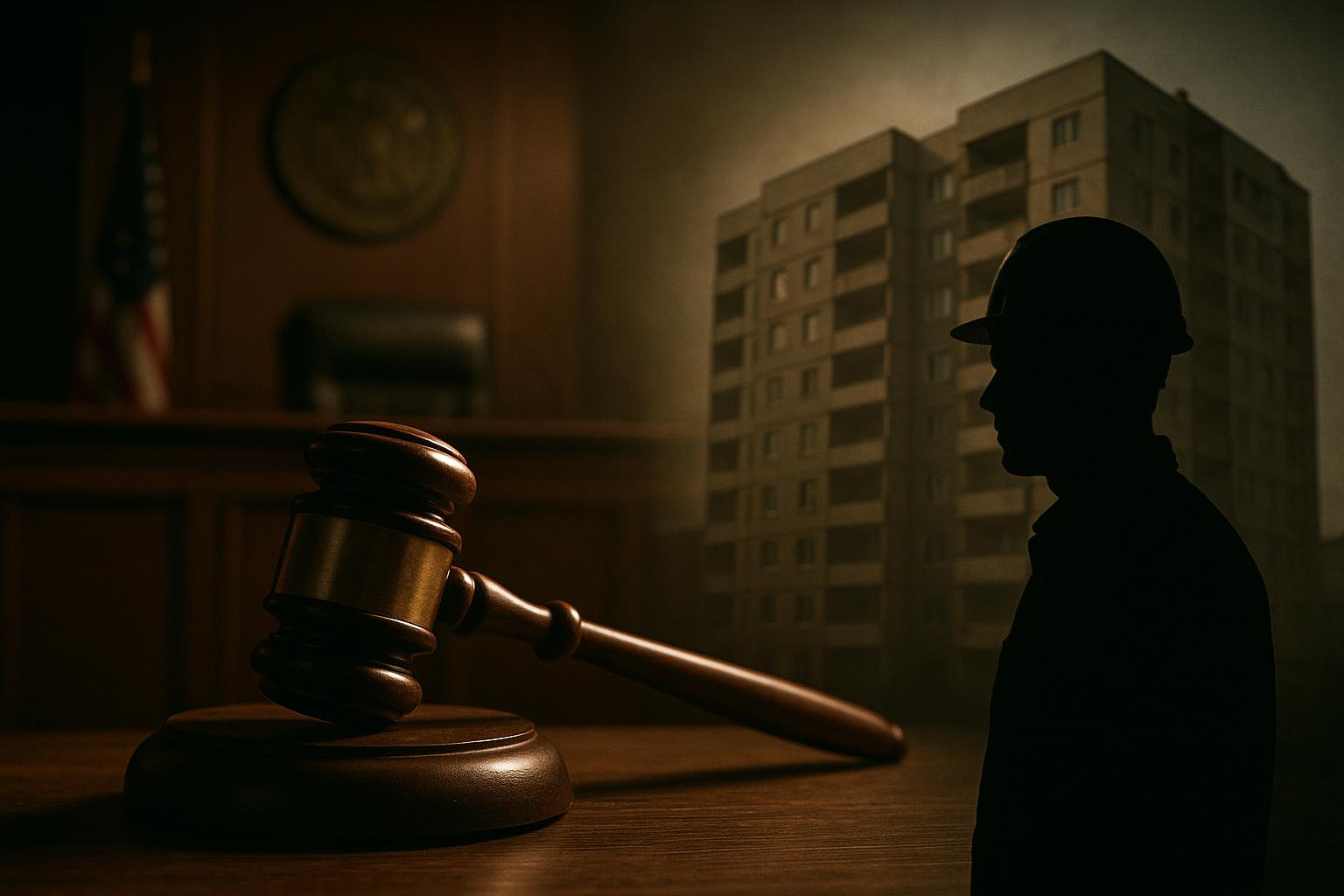 AI 생성 이미지 (gpt-image-1-mini): gavel and courtroom scene, construction worker silhouette, apartment building exterior, newspaper ed...