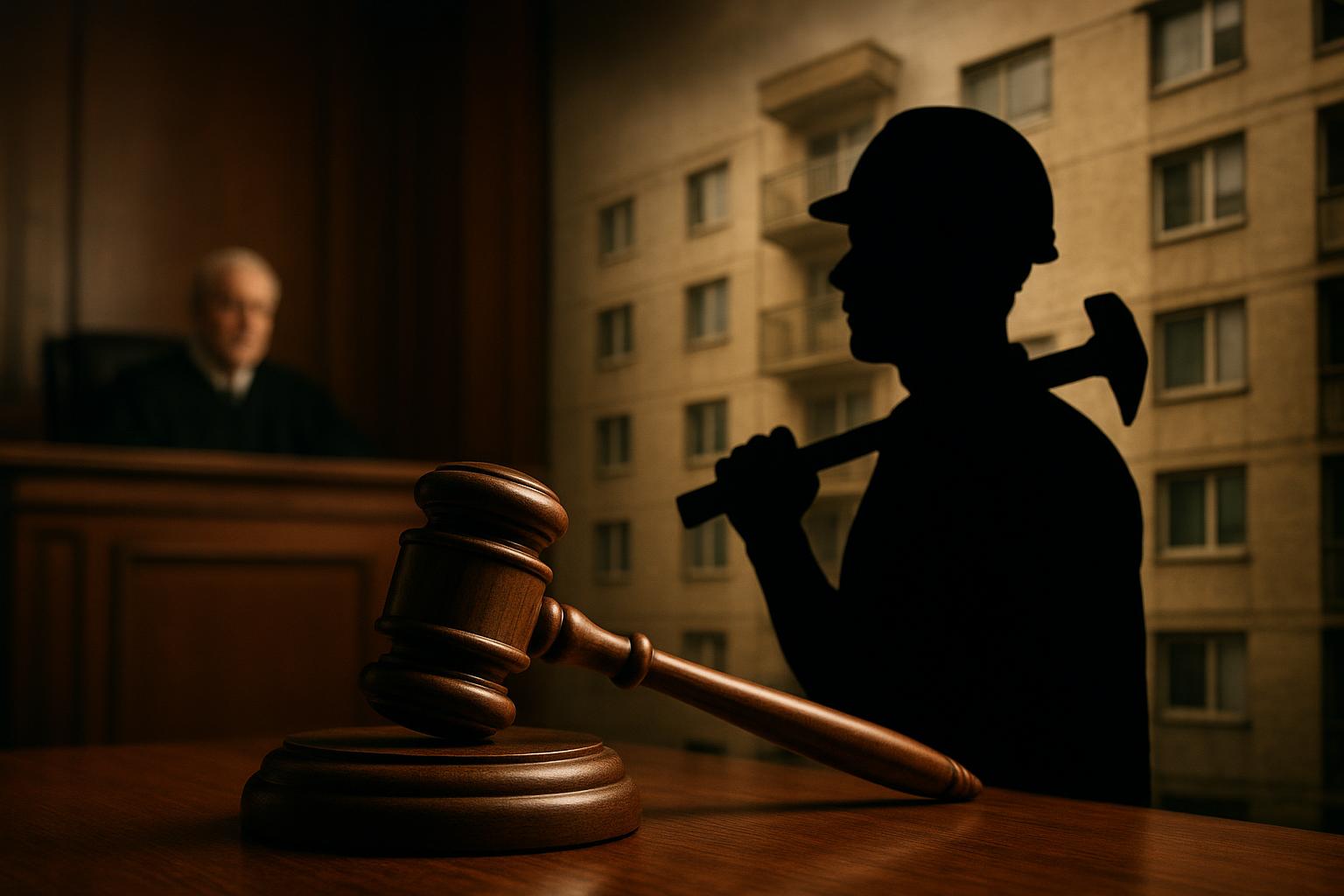 AI 생성 이미지 (gpt-image-1-mini): gavel and courtroom scene, construction worker silhouette, apartment building exterior, newspaper ed...