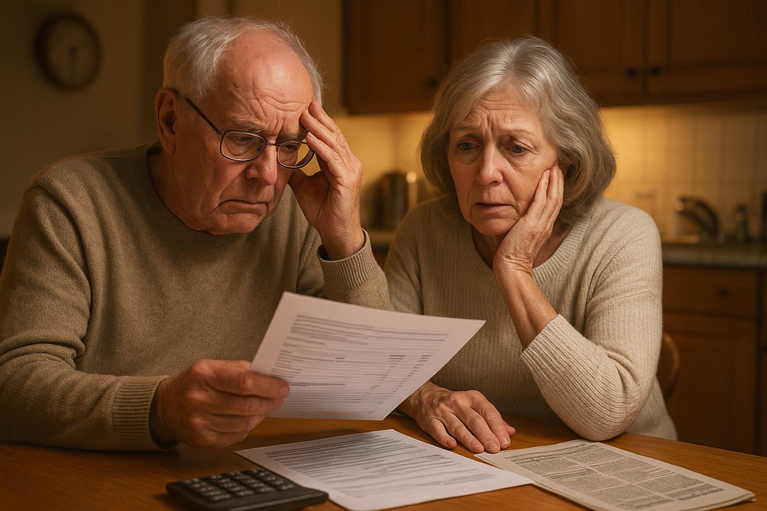 AI 생성 이미지 (gpt-image-1-mini): elderly retired couple looking worried at financial documents at kitchen table, warm indoor lighting...