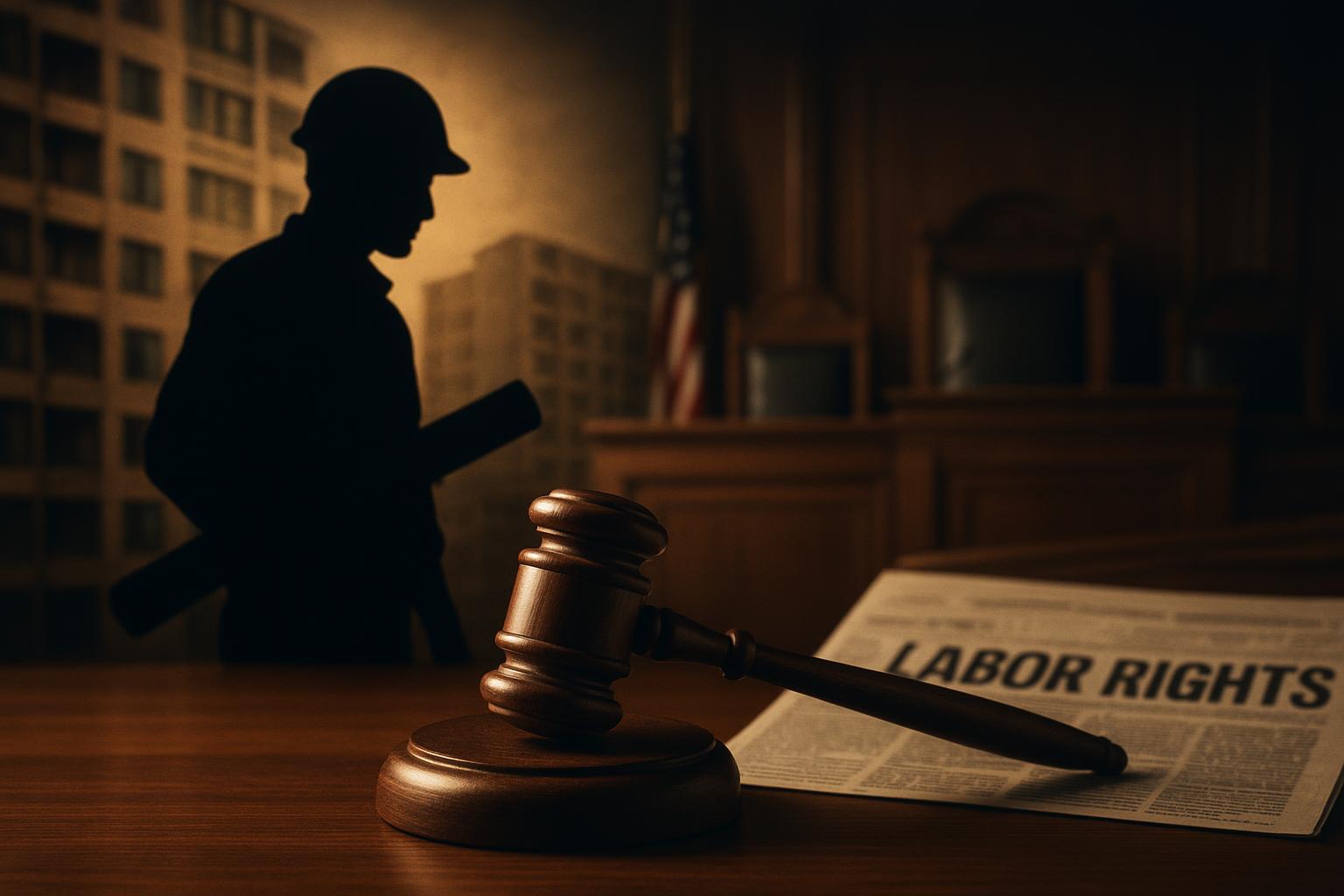 AI 생성 이미지 (gpt-image-1-mini): gavel and courtroom scene, construction worker silhouette, apartment building exterior, newspaper ed...
