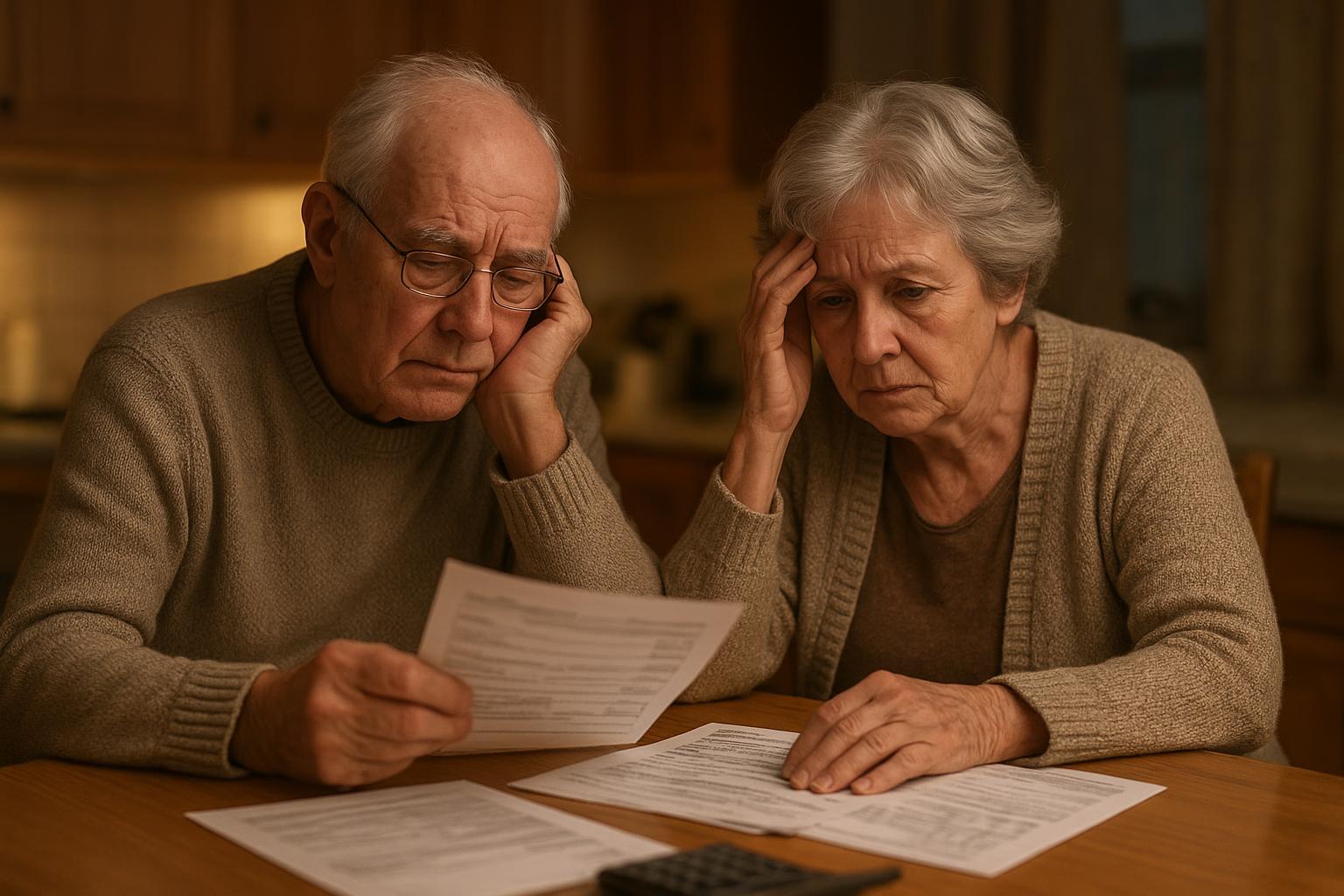 AI 생성 이미지 (gpt-image-1-mini): elderly retired couple looking worried at financial documents at kitchen table, warm indoor lighting...