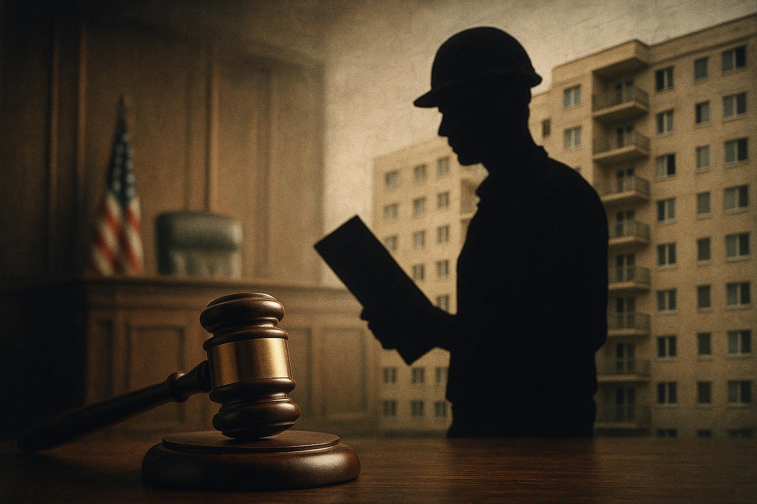 AI 생성 이미지 (gpt-image-1-mini): gavel and courtroom scene, construction worker silhouette, apartment building exterior, newspaper ed...