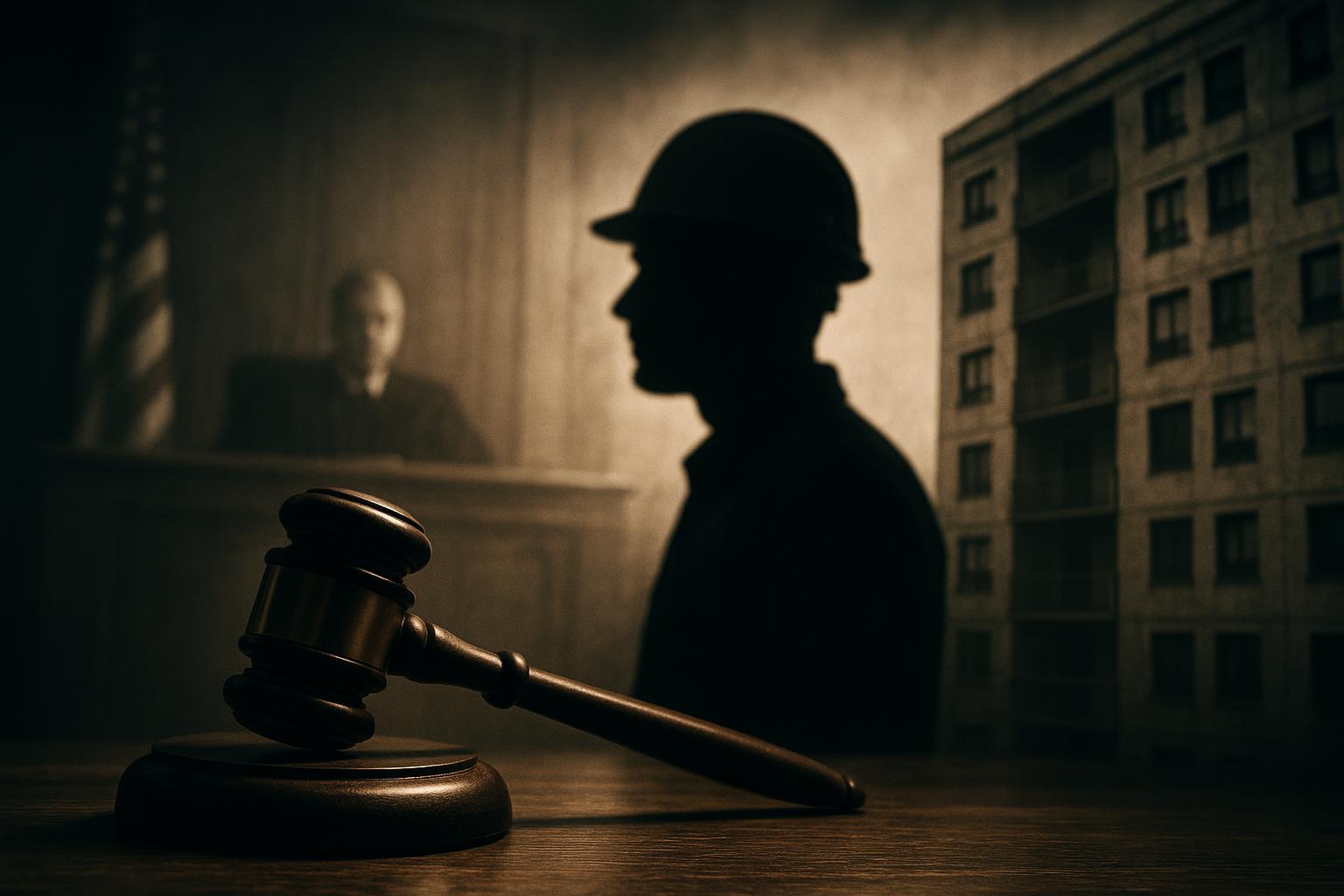 AI 생성 이미지 (gpt-image-1-mini): gavel and courtroom scene, construction worker silhouette, apartment building exterior, newspaper ed...