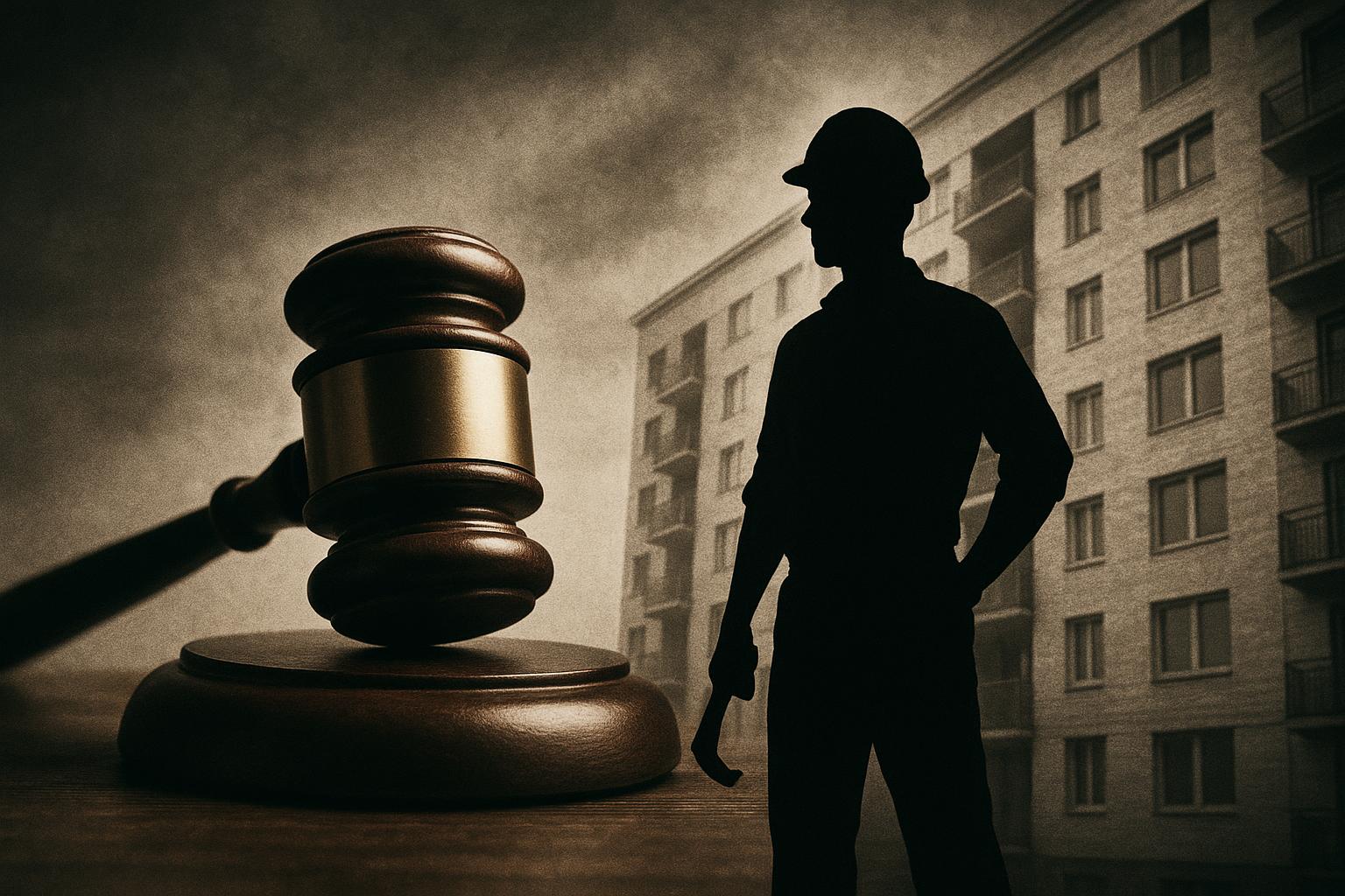AI 생성 이미지 (gpt-image-1-mini): gavel and courtroom scene, construction worker silhouette, apartment building exterior, newspaper ed...