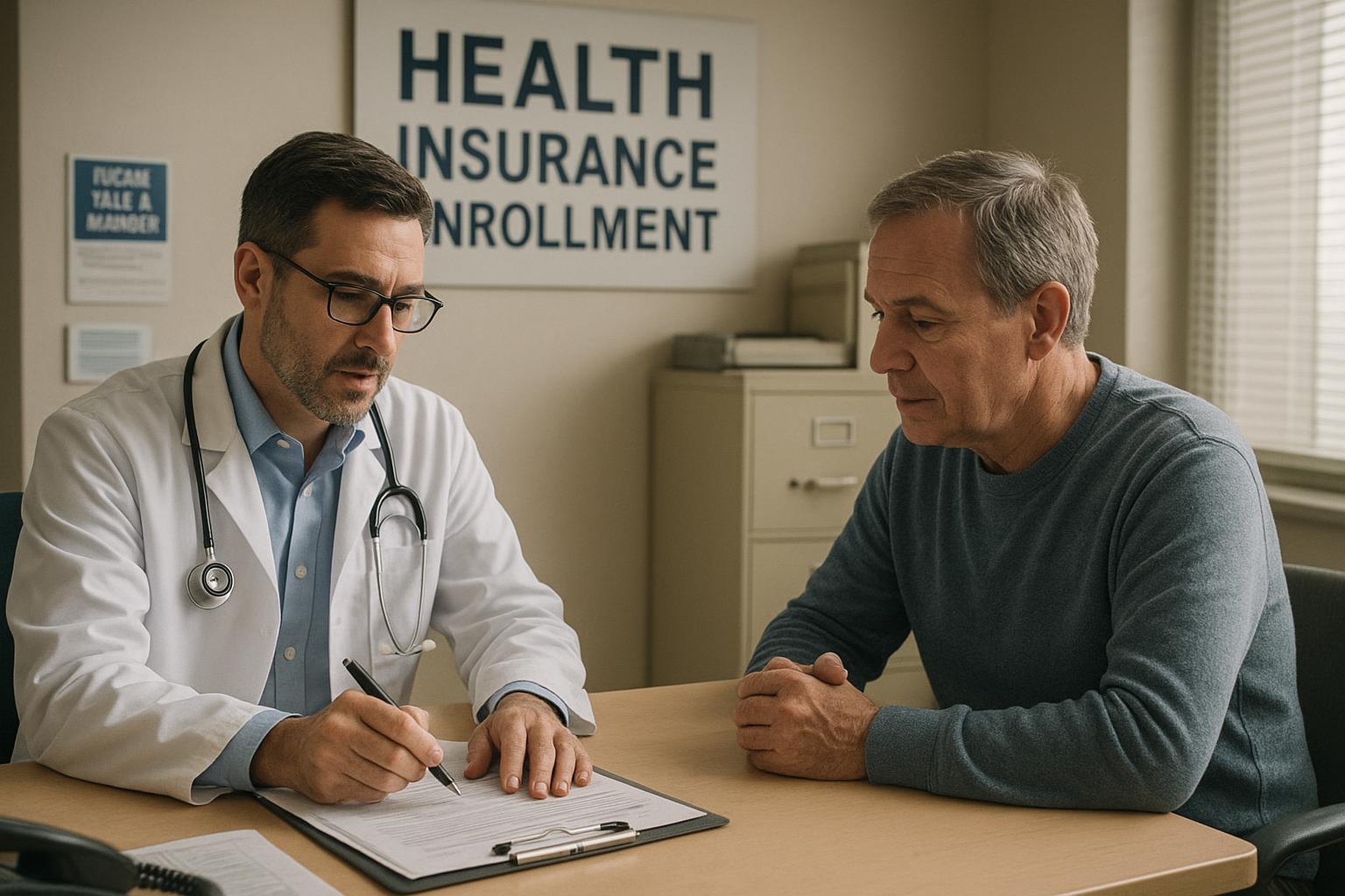 AI 생성 이미지 (gpt-image-1-mini): health insurance enrollment office, doctor and patient consultation, healthcare paperwork, newspaper...