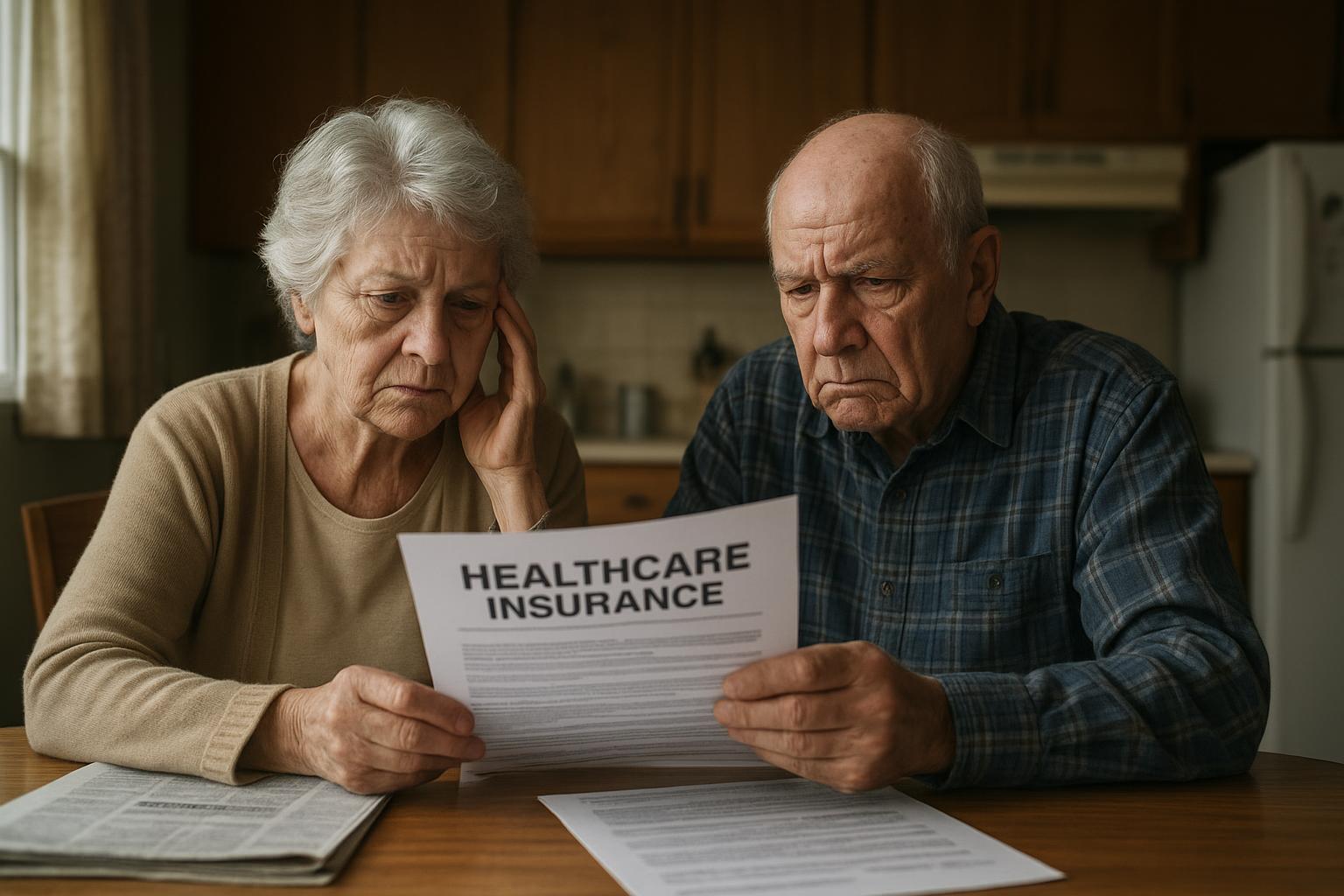AI 생성 이미지 (gpt-image-1-mini): Senior citizens reviewing healthcare insurance documents at kitchen table, worried expression, Ameri...