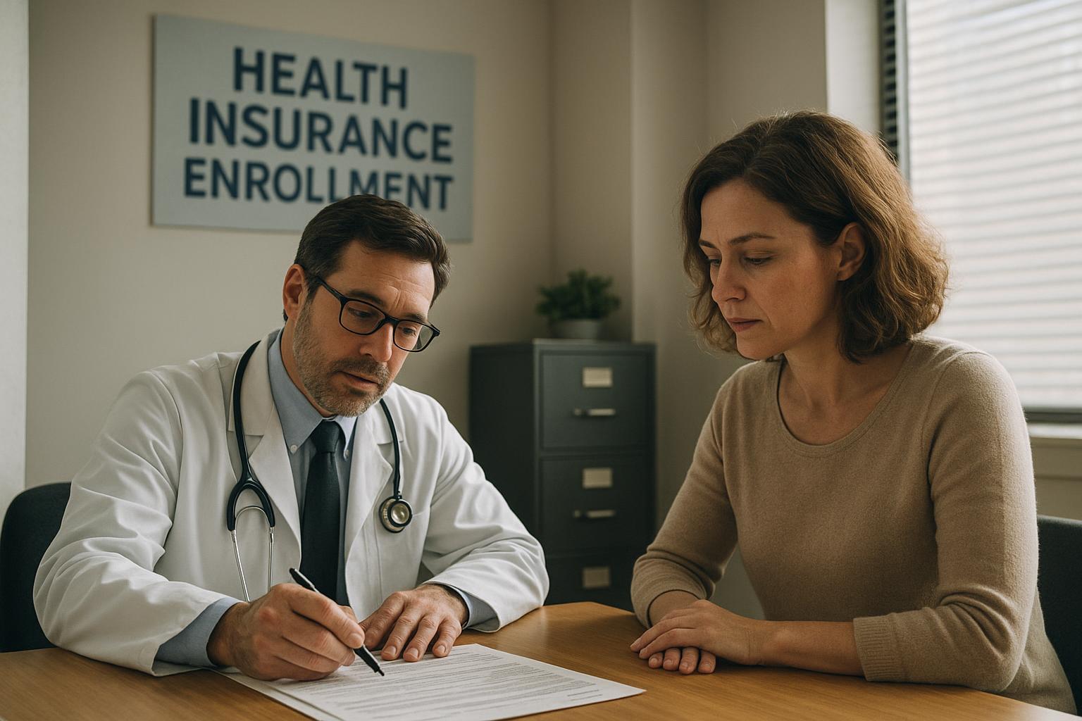 AI 생성 이미지 (gpt-image-1-mini): health insurance enrollment office, doctor and patient consultation, healthcare paperwork, newspaper...