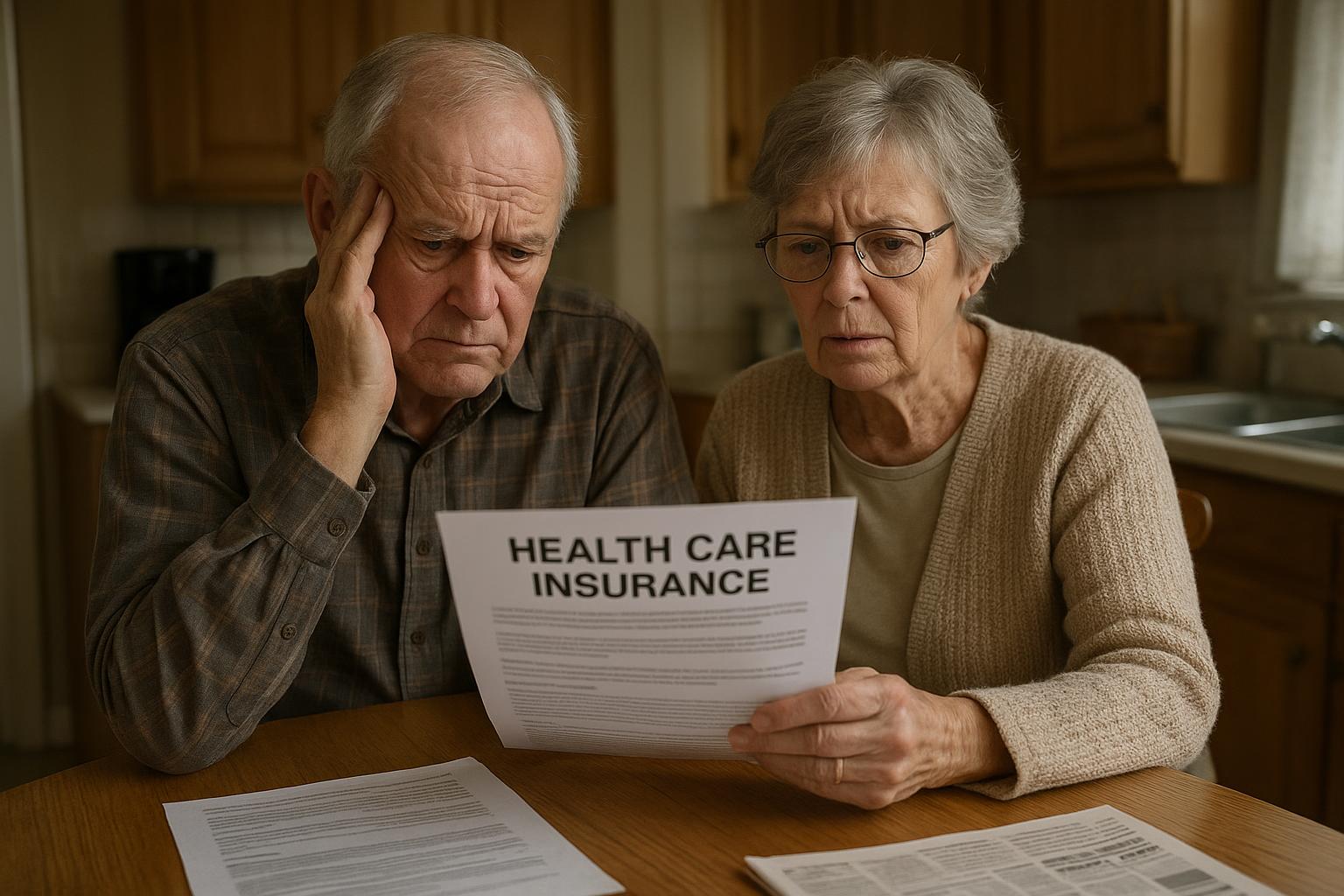AI 생성 이미지 (gpt-image-1-mini): Senior citizens reviewing healthcare insurance documents at kitchen table, worried expression, Ameri...