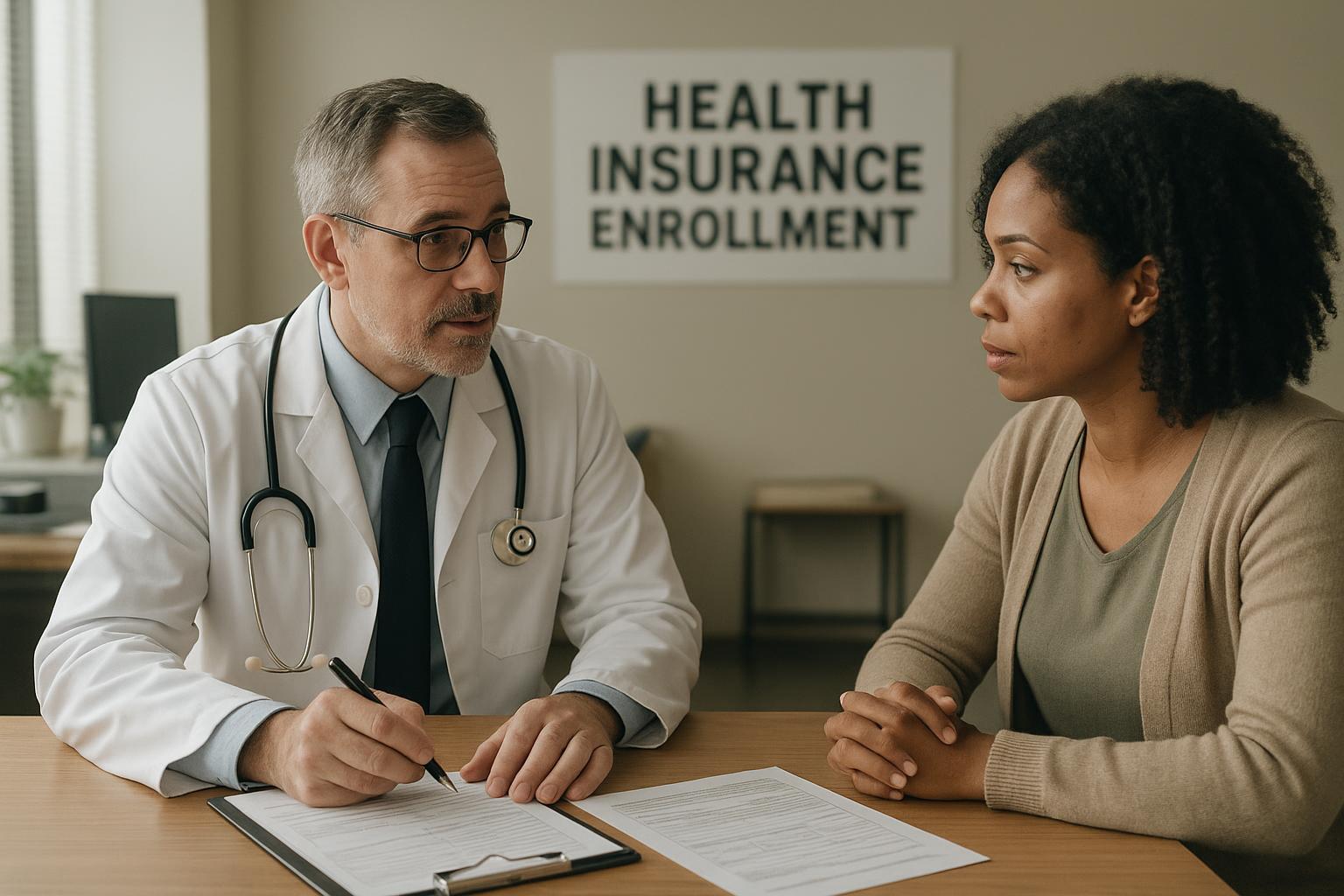 AI 생성 이미지 (gpt-image-1-mini): health insurance enrollment office, doctor and patient consultation, healthcare paperwork, newspaper...