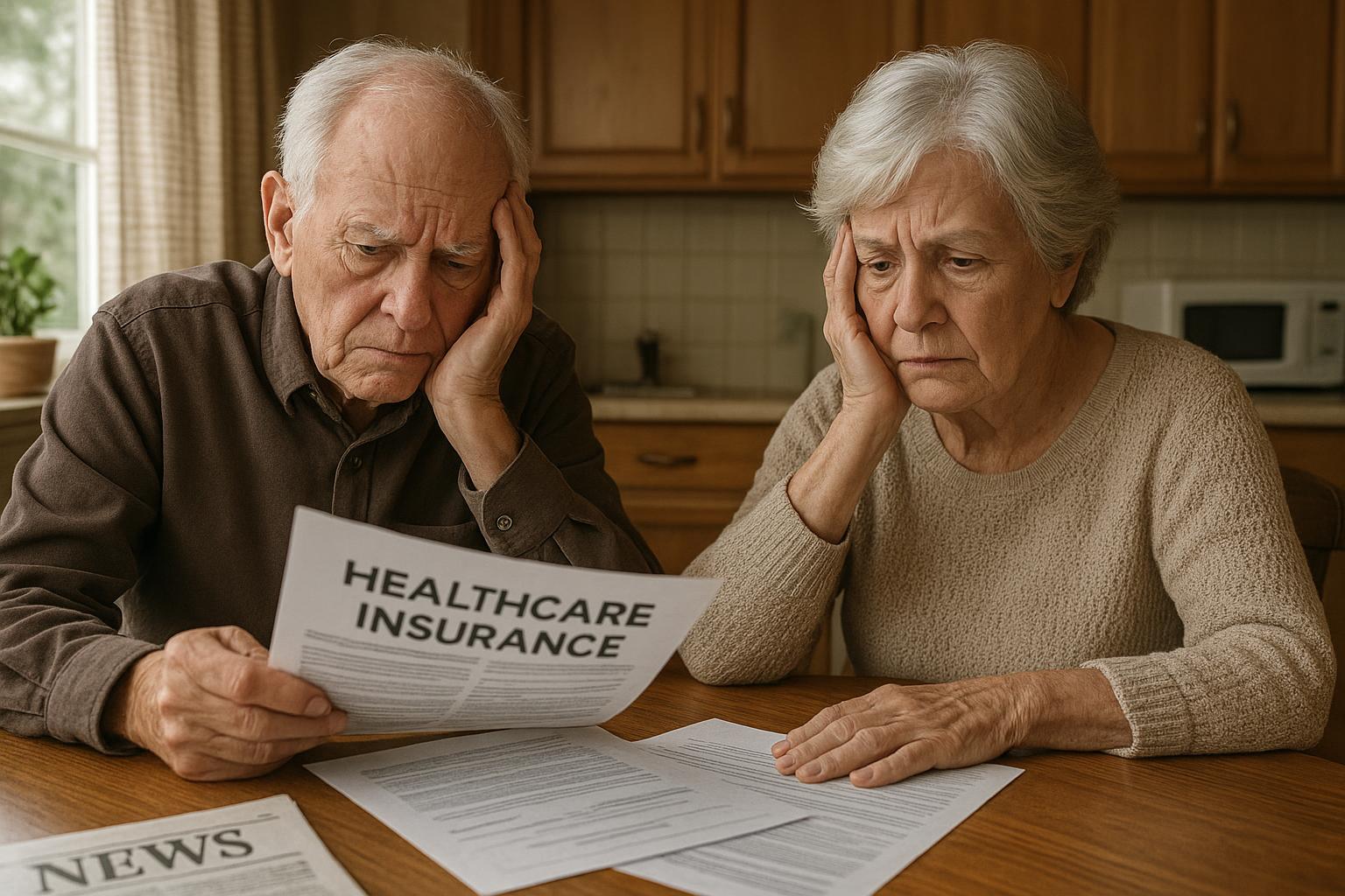 AI 생성 이미지 (gpt-image-1-mini): Senior citizens reviewing healthcare insurance documents at kitchen table, worried expression, Ameri...