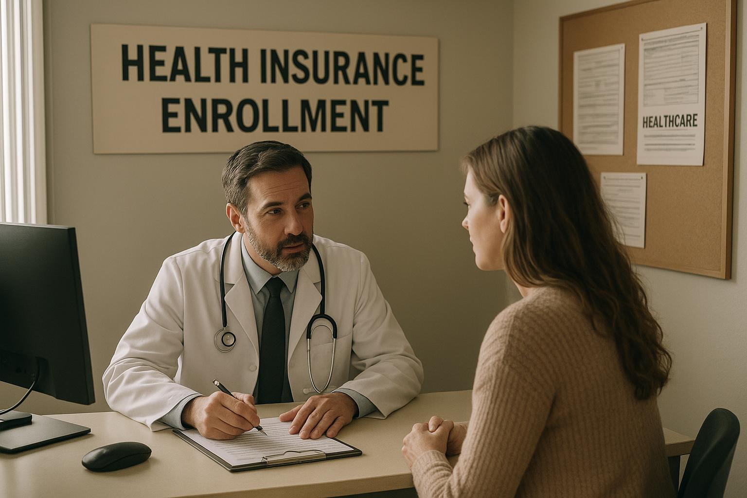 AI 생성 이미지 (gpt-image-1-mini): health insurance enrollment office, doctor and patient consultation, healthcare paperwork, newspaper...
