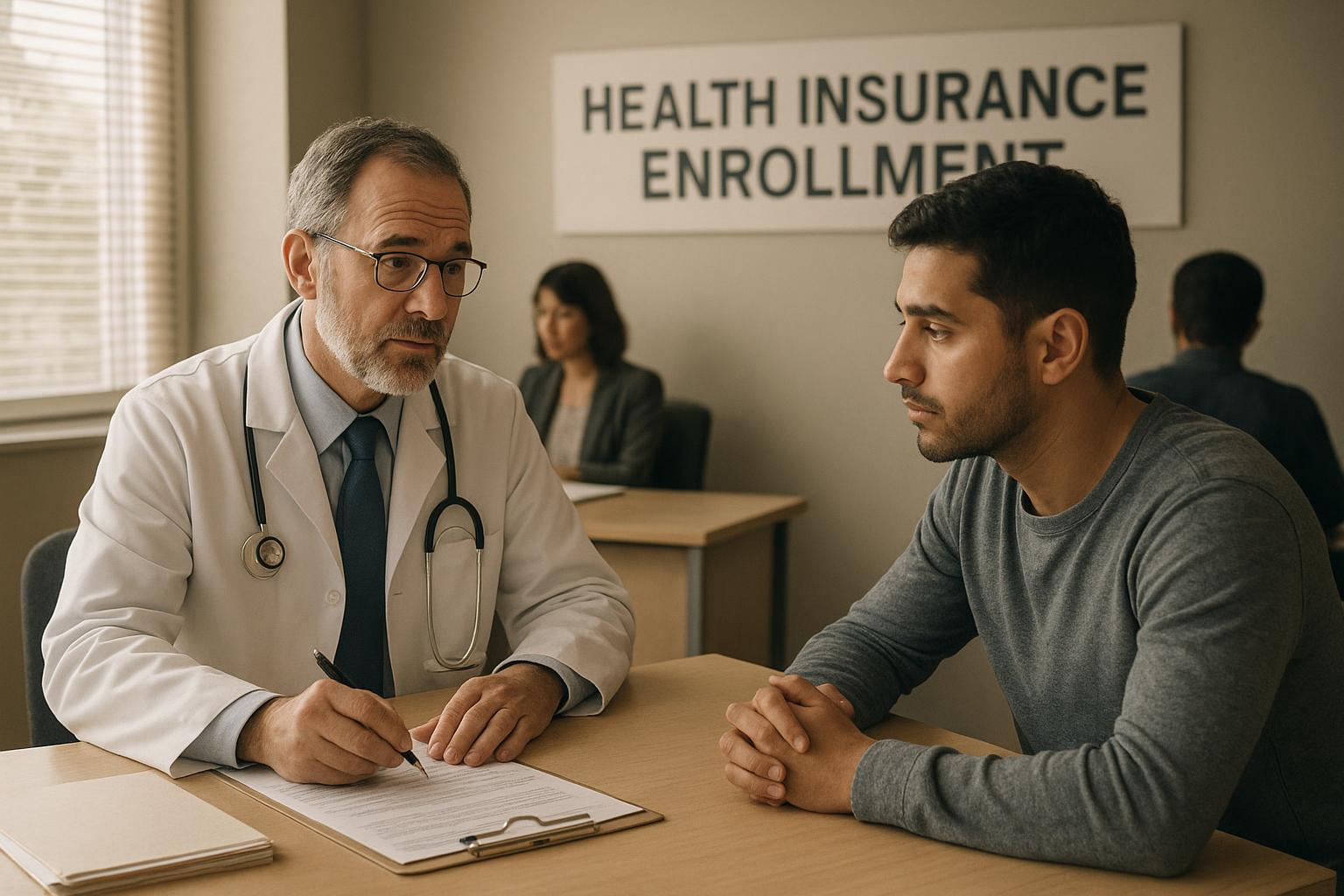 AI 생성 이미지 (gpt-image-1-mini): health insurance enrollment office, doctor and patient consultation, healthcare paperwork, newspaper...