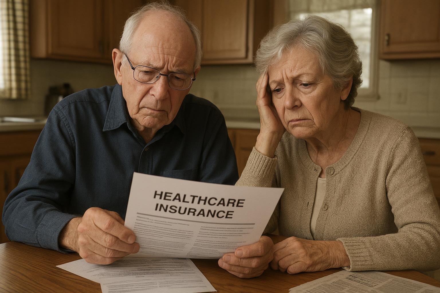 AI 생성 이미지 (gpt-image-1-mini): Senior citizens reviewing healthcare insurance documents at kitchen table, worried expression, Ameri...