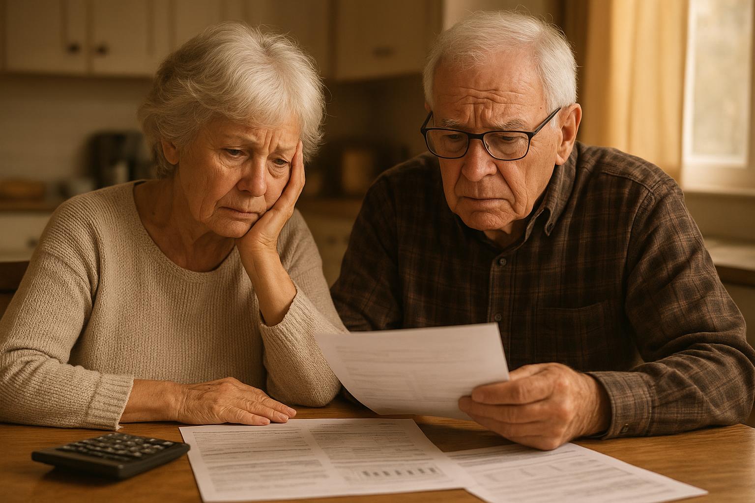 AI 생성 이미지 (gpt-image-1-mini): elderly couple reviewing financial documents at kitchen table, worried expression, retirement saving...