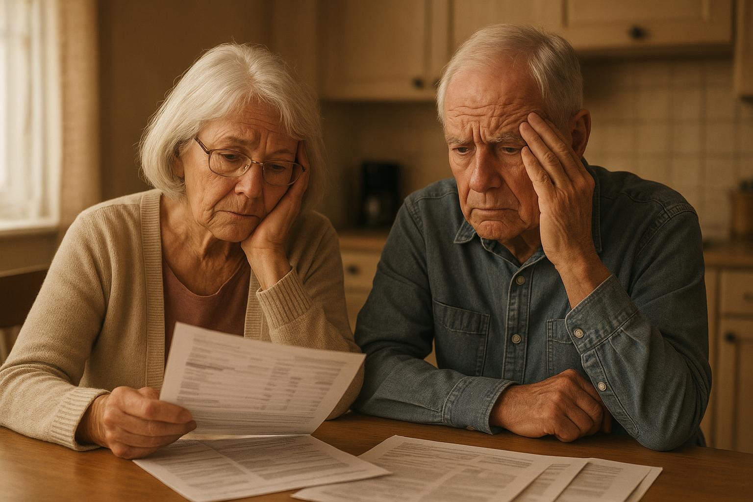 AI 생성 이미지 (gpt-image-1-mini): elderly couple reviewing financial documents at kitchen table, worried expression, retirement saving...