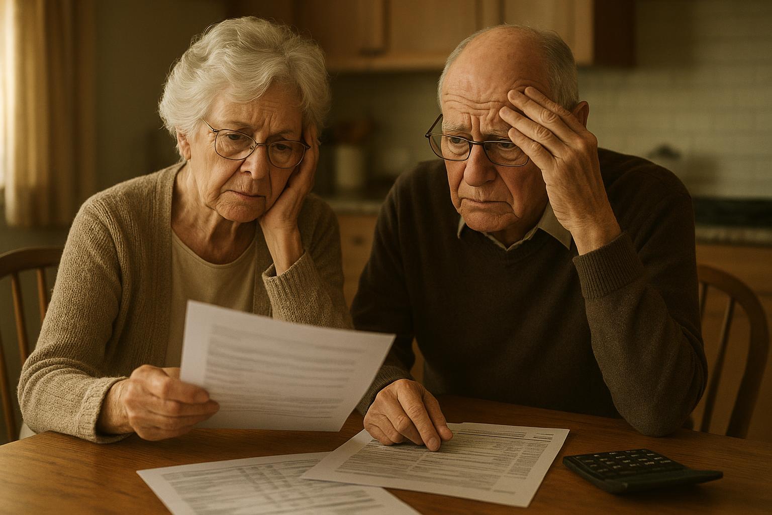 AI 생성 이미지 (gpt-image-1-mini): elderly couple reviewing financial documents at kitchen table, worried expression, retirement saving...
