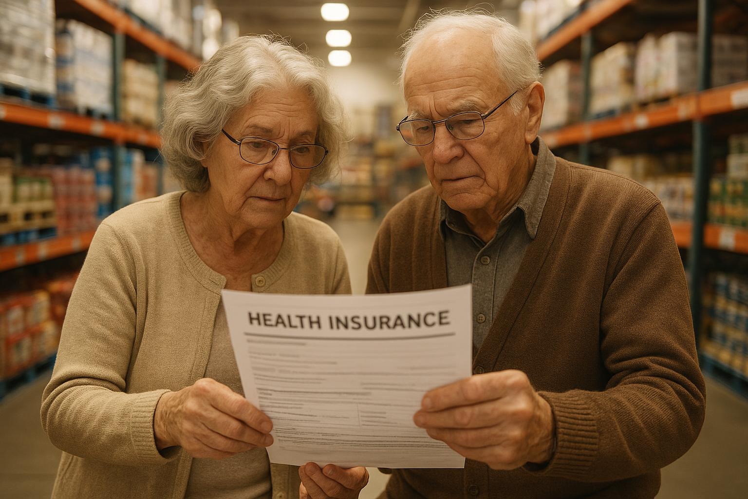 AI 생성 이미지 (gpt-image-1-mini): Elderly couple reviewing health insurance documents inside a retail warehouse store, warm natural li...