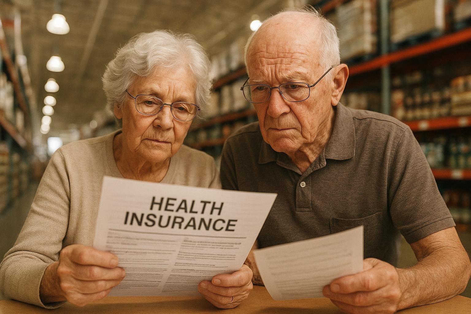 AI 생성 이미지 (gpt-image-1-mini): Elderly couple reviewing health insurance documents inside a retail warehouse store, warm natural li...