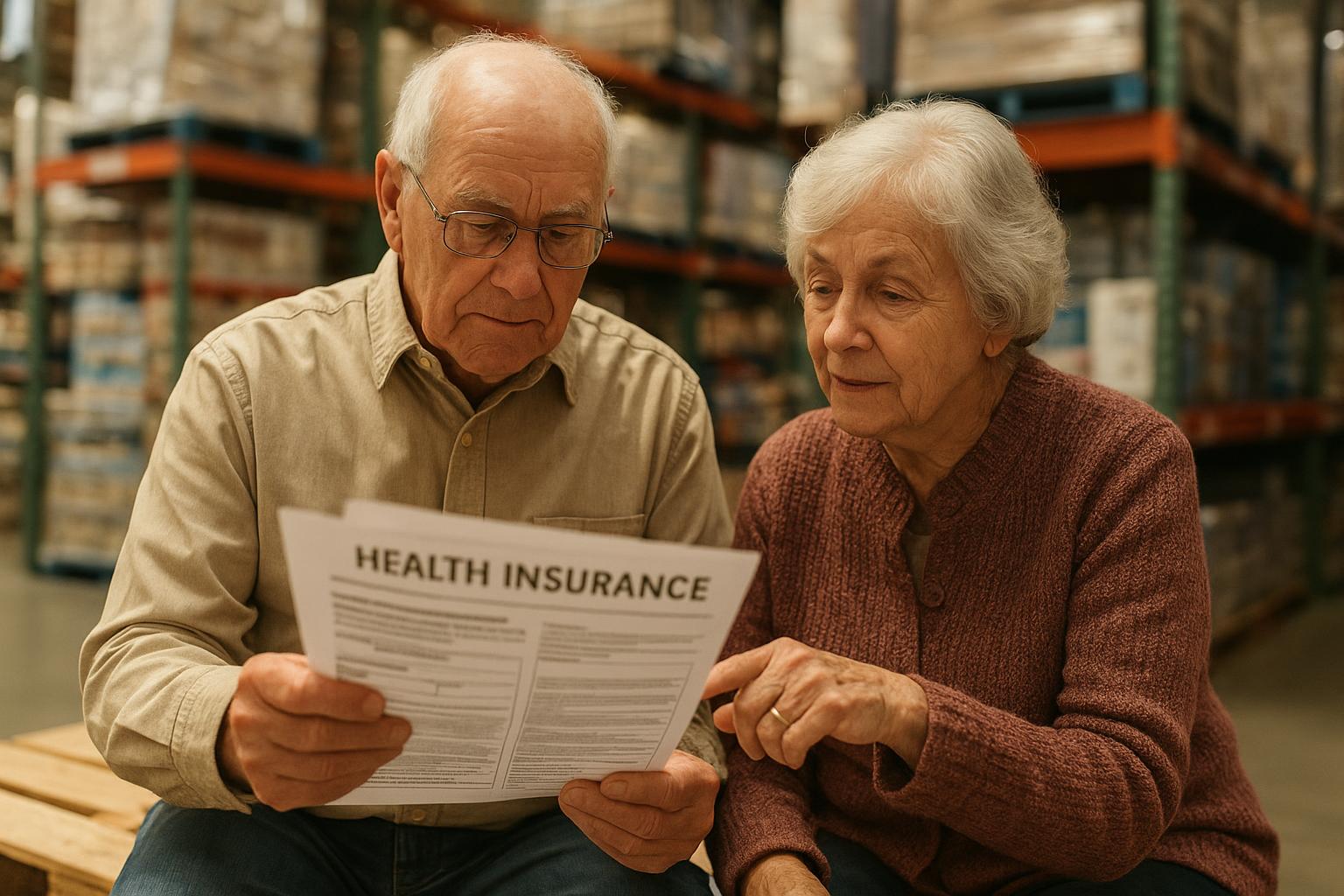 AI 생성 이미지 (gpt-image-1-mini): Elderly couple reviewing health insurance documents inside a retail warehouse store, warm natural li...