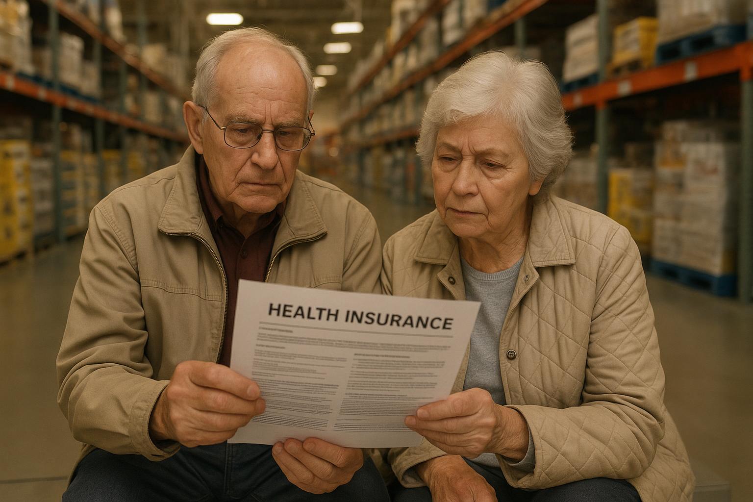 AI 생성 이미지 (gpt-image-1-mini): Elderly couple reviewing health insurance documents inside a retail warehouse store, warm natural li...