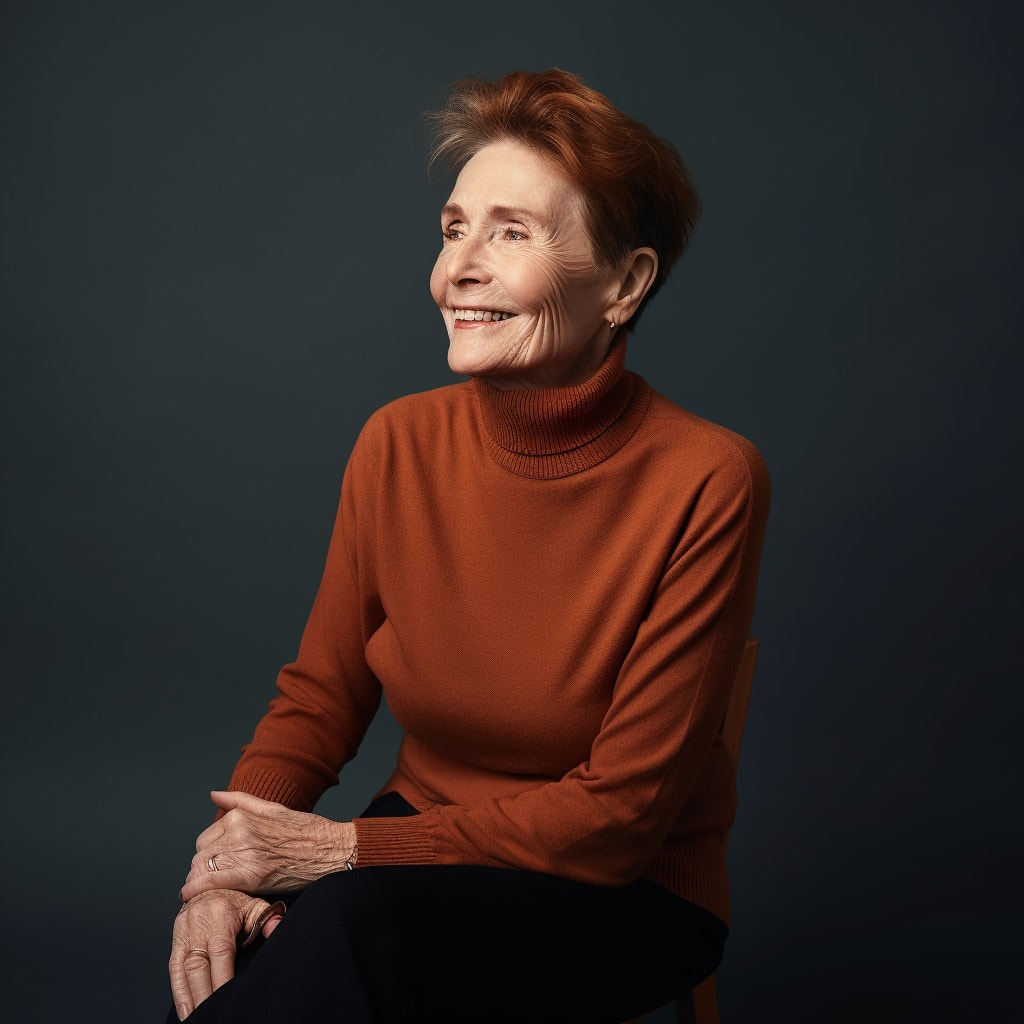 beautiful woman in her 60s wearing a turtleneck with freckles on his face, sitting on a chair in a single color background studio, slightly smiling, 2010s