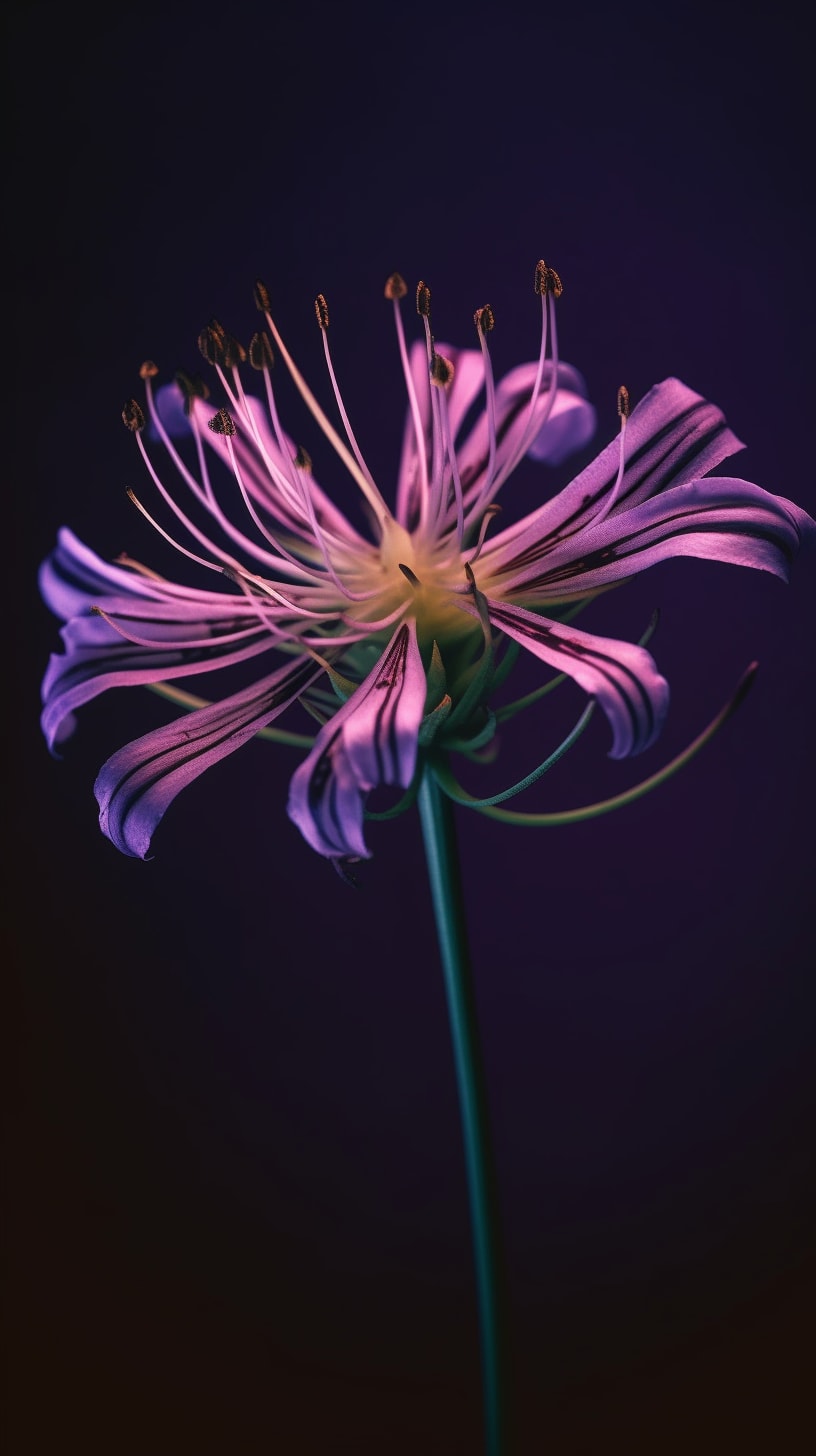 a beautiful Spider Flower flower on a dark purple gradient background, flickr, whimsical minimalism, wollensak 127mm f/4.7 ektar, national geographic 8k photo