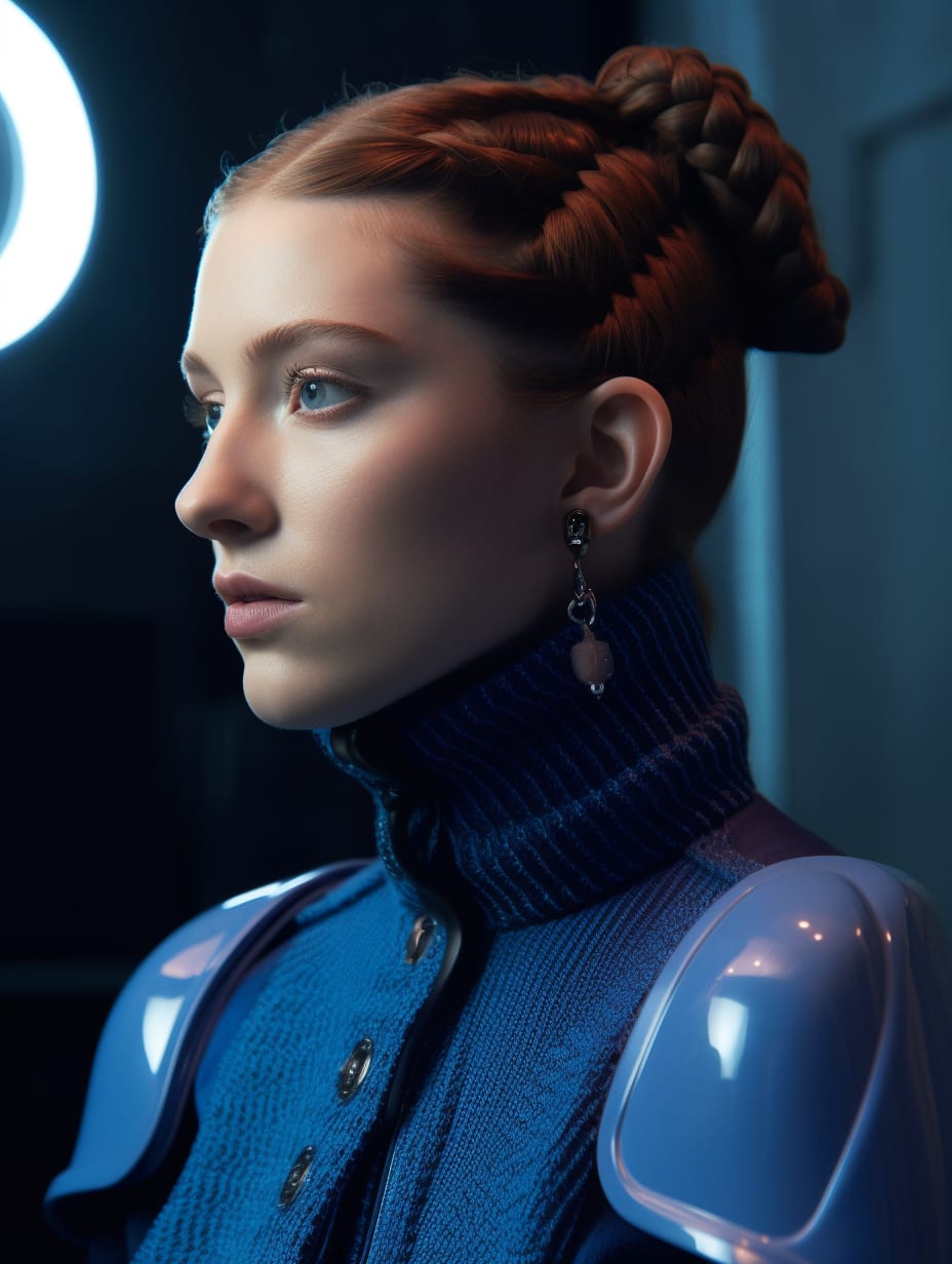 a woman with a michevious smile wearing a blue gucci turtleneck with a futuristic French braid hairstyle