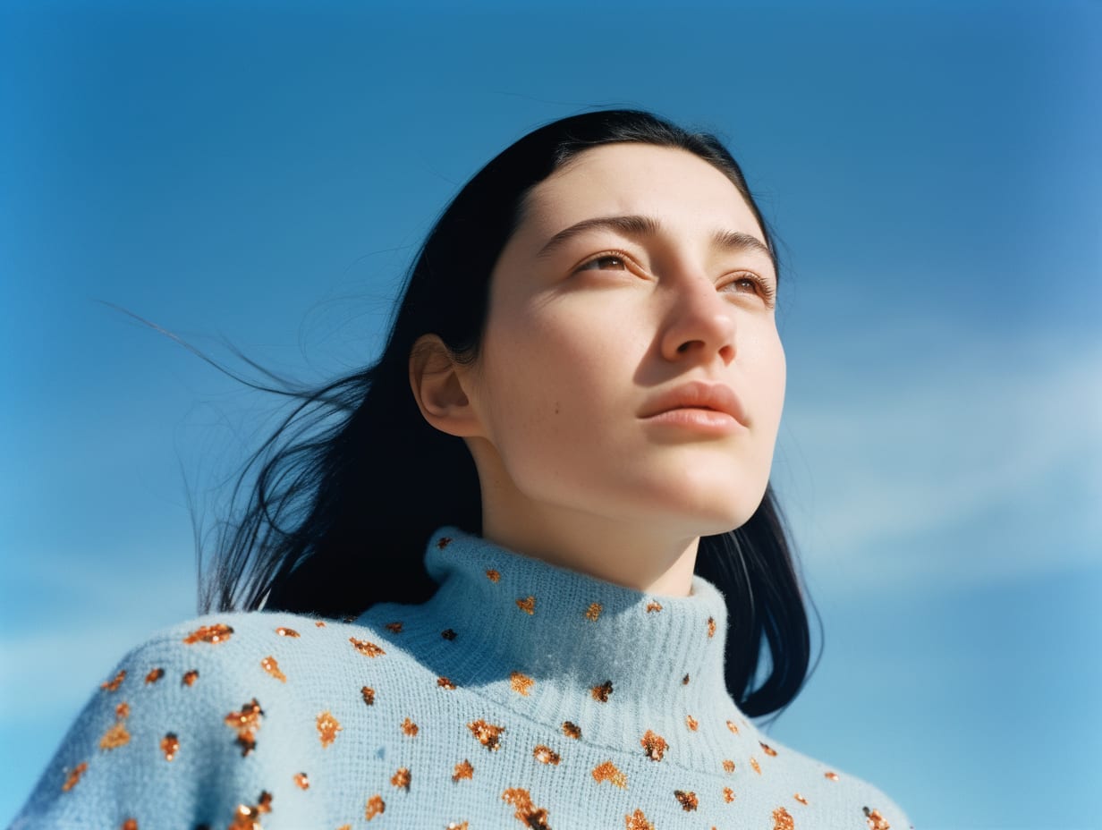 kodak film 200 a portait of a woman with freckles on her face and black hair in front of azure expanse sky, with vibrant but minimal gucci sweater sleeves arthouse, cinema