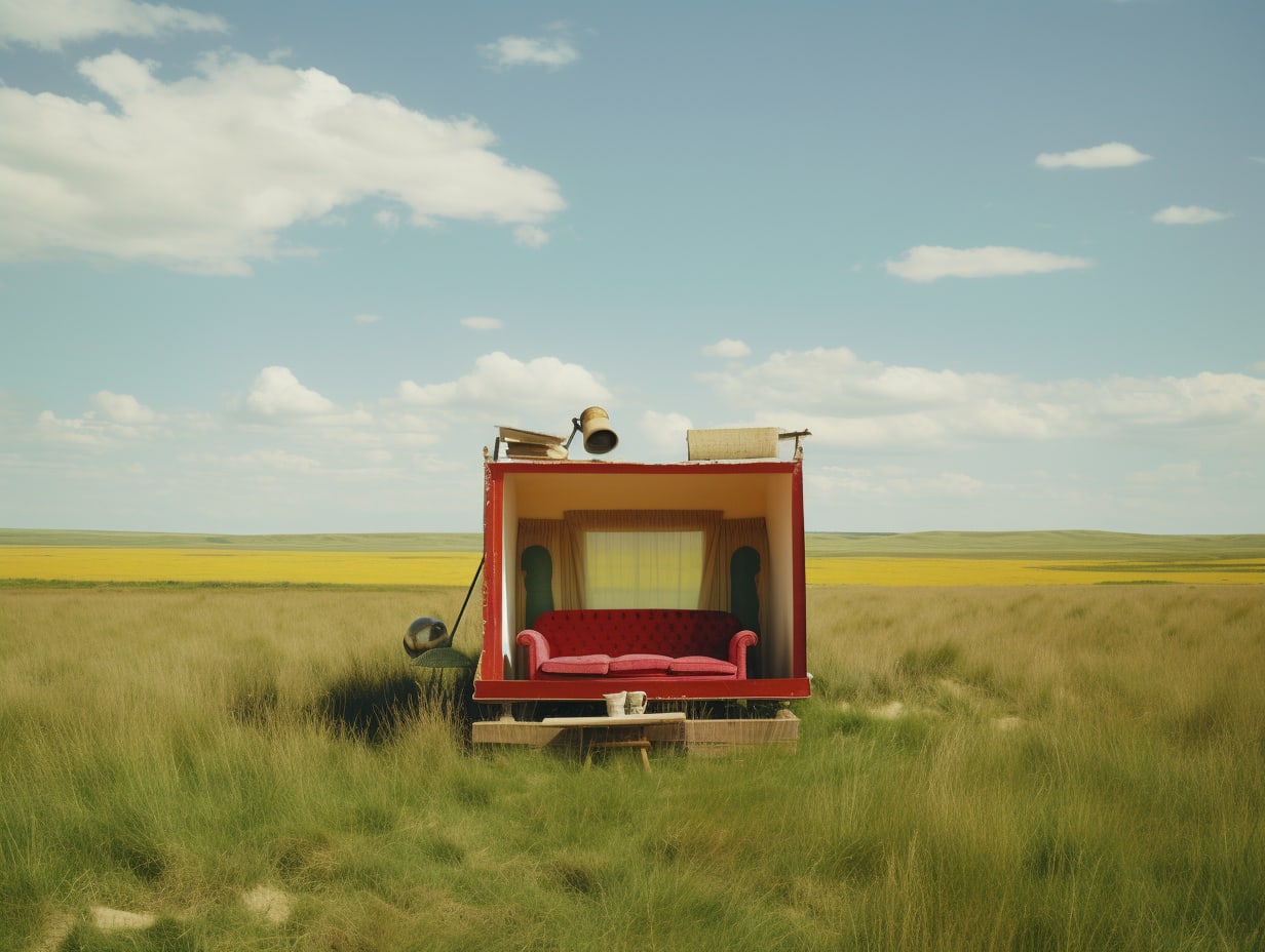 an unusual hut alongside a bright sofa in the middle of european grassland, arthouse, wes anderson