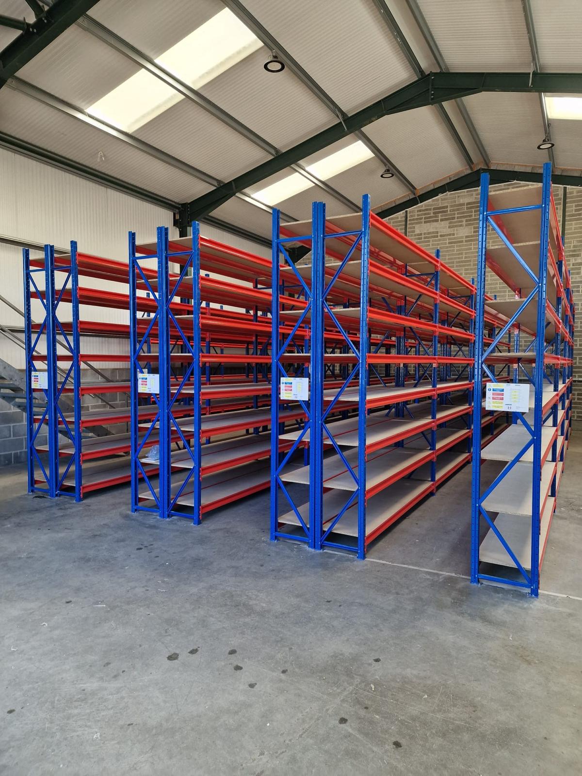 Completed longspan shelving run in a Devon warehouse
