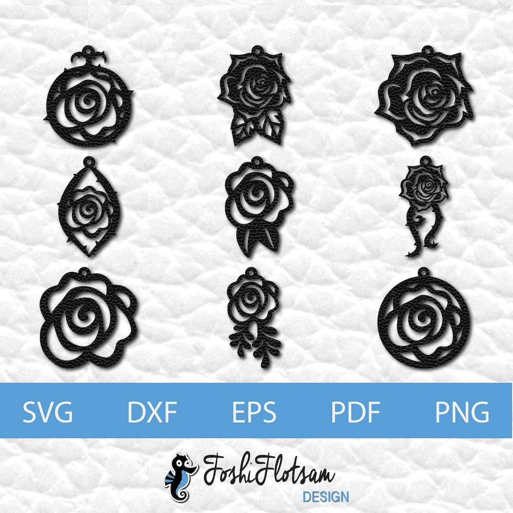 Earring SVG - Rose SVG earring bundle 9 rose earring SVG cut file designs, including variations with thorny vines and leaves.