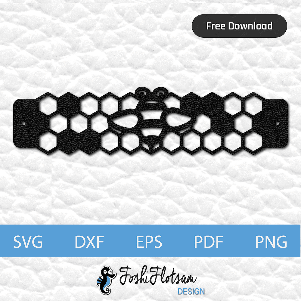 Free bracelet SVG - Free single bumblebee SVG bracelet design 1 single-bee free bracelet SVG cut file with single bee and honeycomb pattern design.