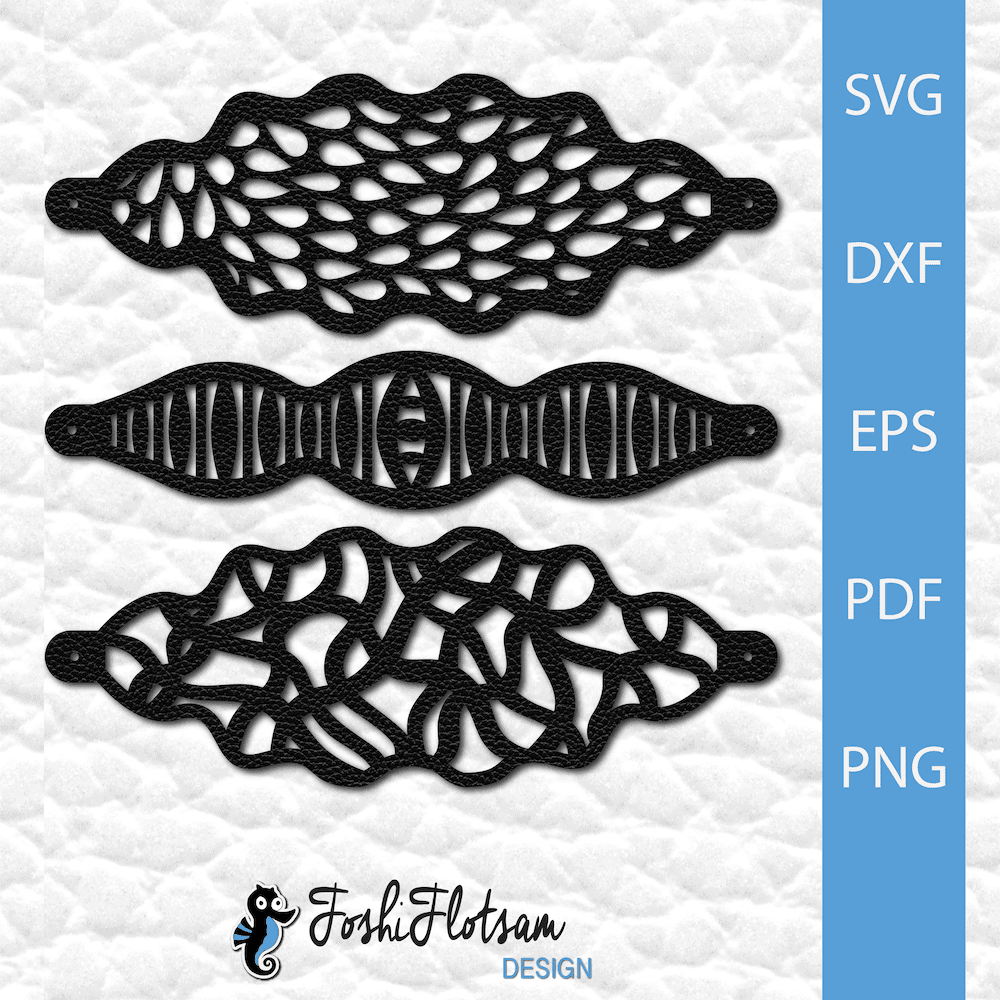 Bracelet SVG - Pattern SVG bracelet bundle 2 3 bracelet SVG cut files with assorted pattern designs, including teardrop and squiggle designs.