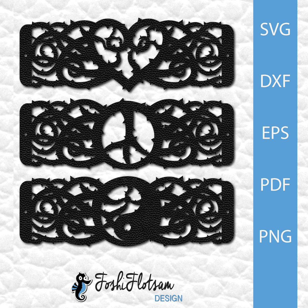 Bracelet SVG - Thorns SVG bracelet bundle 3 thorn bracelet SVG cut files with heart, peace sign, and yin yang symbol designs.