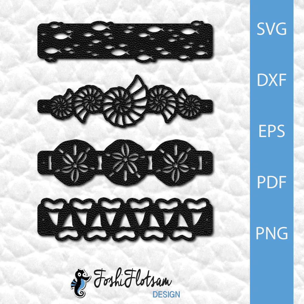 Bracelet SVG - Sea SVG bracelet bundle 4 sea creature bracelet SVG cut files with fish, sea shell, sand dollar, and shark teeth designs.