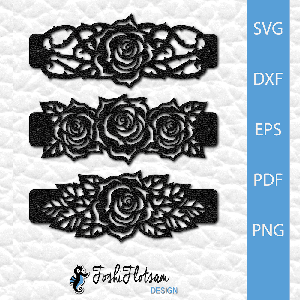 Bracelet SVG - Rose SVG bracelet bundle 3 rose bracelet SVG cut file designs, including variations with thorns and leaves.