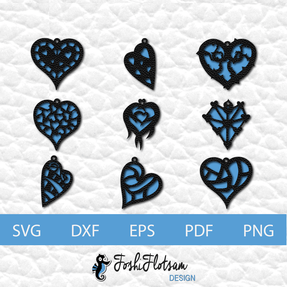 Earring SVG - Heart SVG earring bundle 1 image 1 9 heart earring SVG cut files showing each design combined with its solid backing behind it.