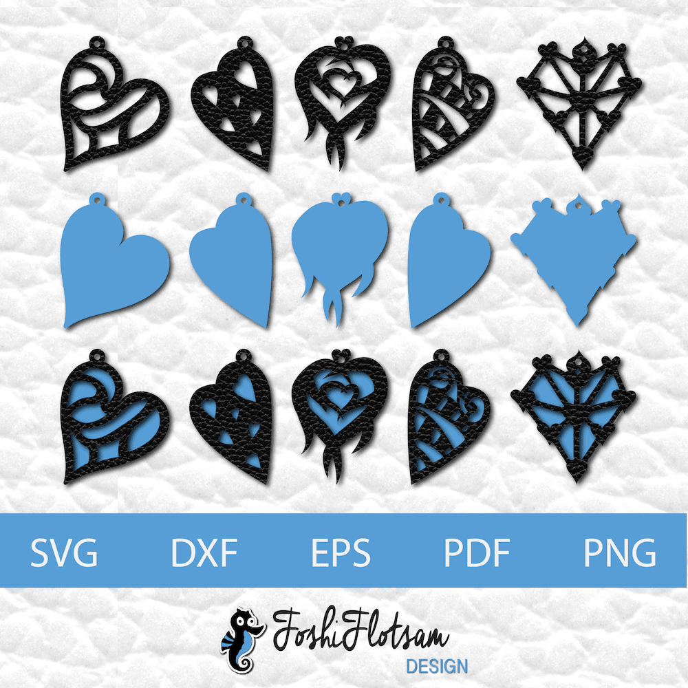 Earring SVG - Heart SVG earring bundle 1 image 3 5 heart earring SVG cut files showing each design and its individual solid backing.