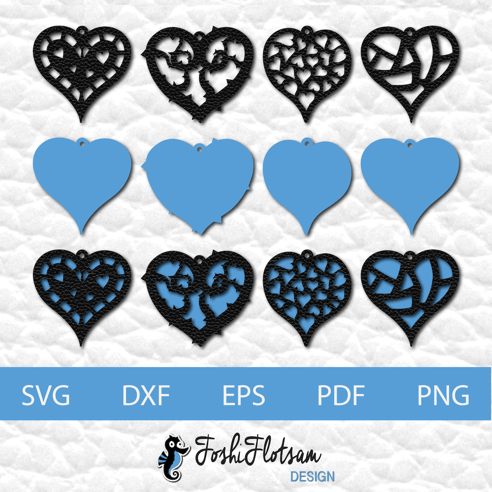 Earring SVG - Heart SVG earring bundle 1 image 2 4 heart earring SVG cut files showing each design and its individual solid backing.