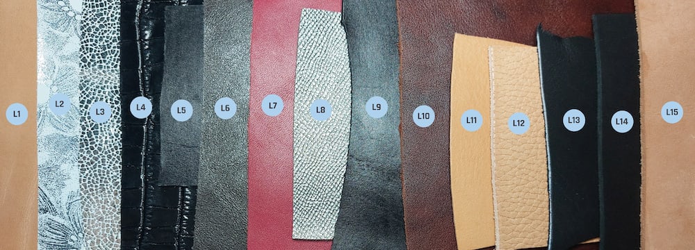 All 15 samples All 15 leather samples that were tested to better understand how to cut leather with the Cricut. They are numbered from L1 to L15.