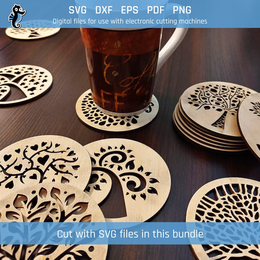 Coaster SVG - Tree coaster SVG bundle image 4 Laser-cut wooden coasters cut using the tree coaster SVG files in this bundle.